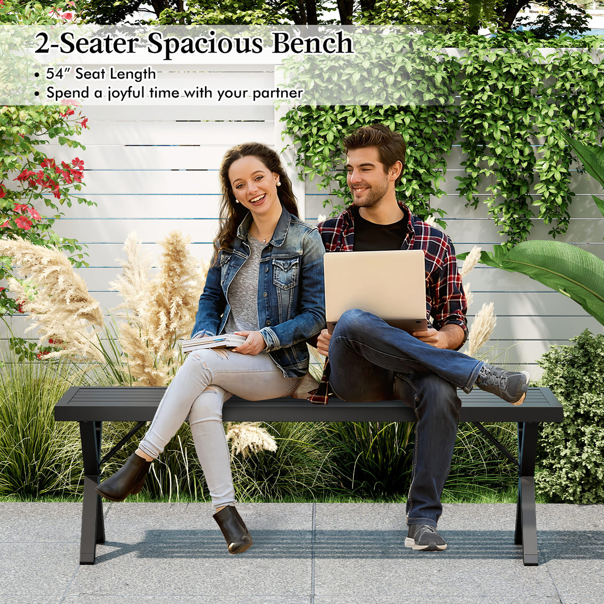Patio Metal Bench with Slatted Seat and X Legs