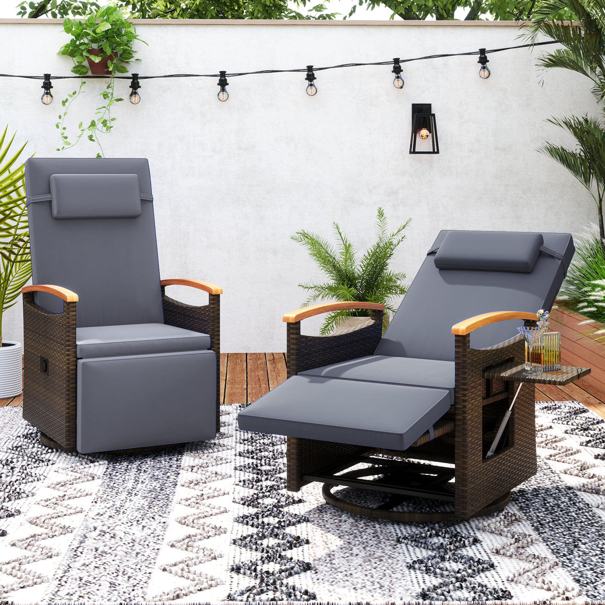 Set of 2 Patio Rattan 360° Swivel Recliner Chair with Adjustable Backrest and Footrest