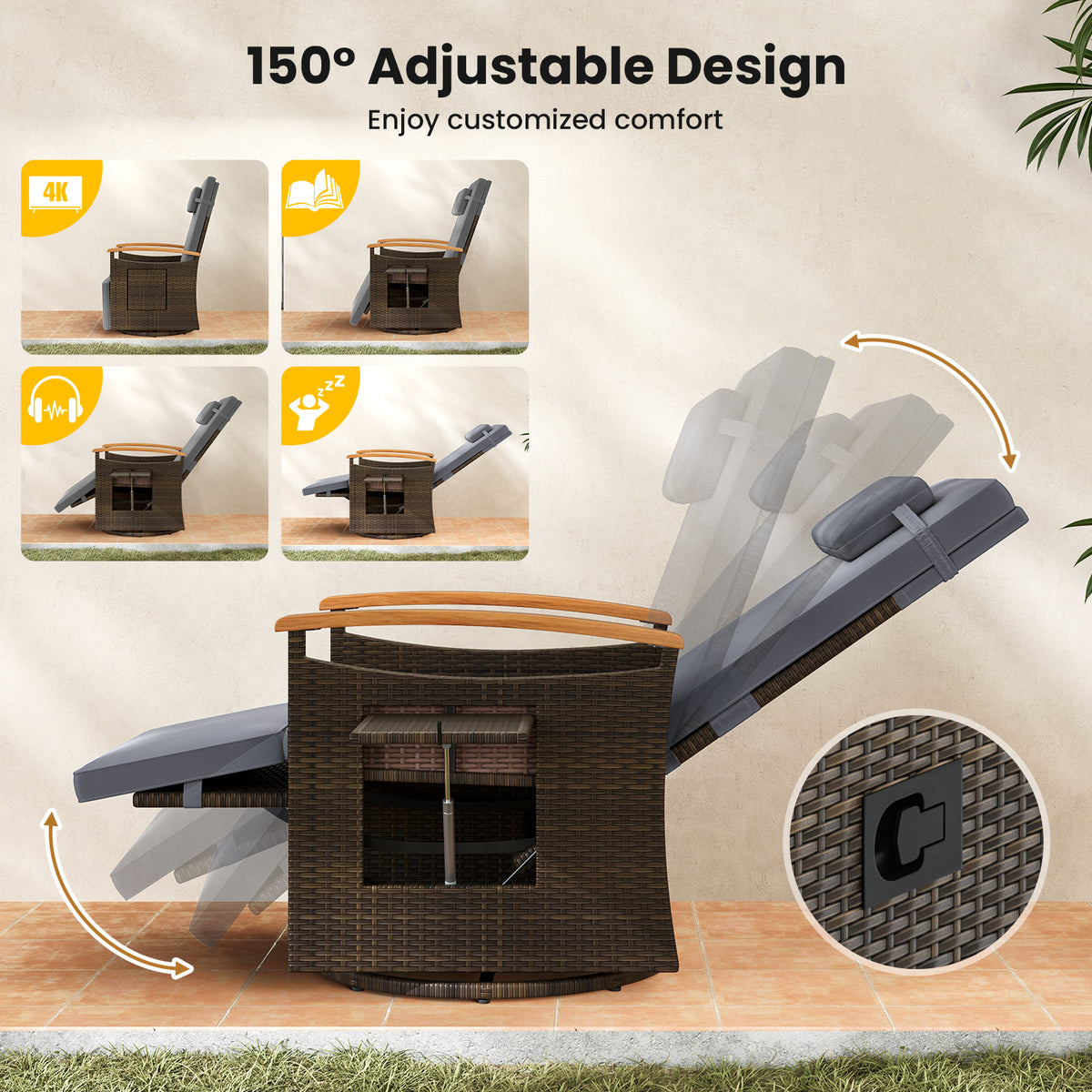 Set of 2 Patio Rattan 360° Swivel Recliner Chair with Adjustable Backrest and Footrest