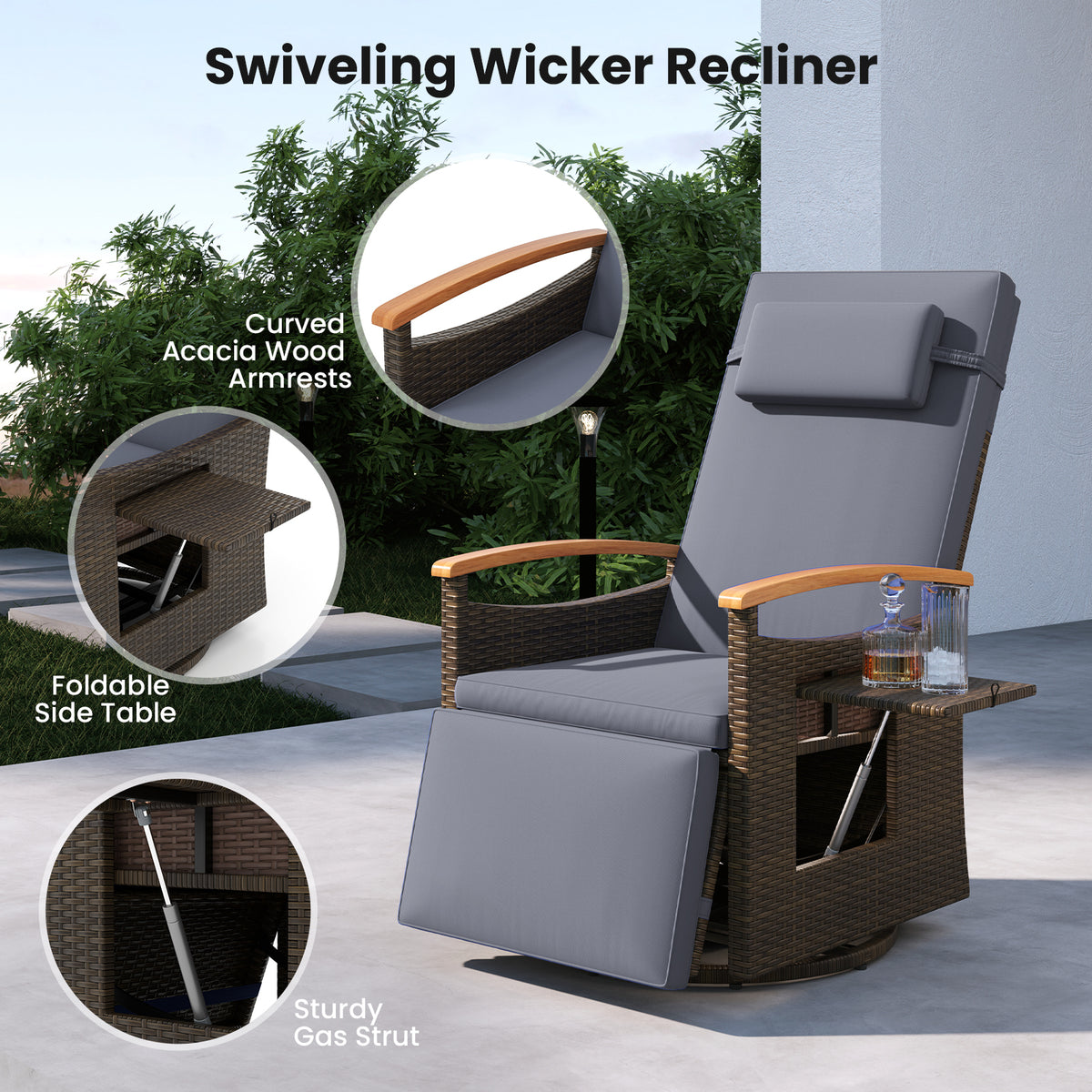 Set of 2 Patio Rattan 360° Swivel Recliner Chair with Adjustable Backrest and Footrest