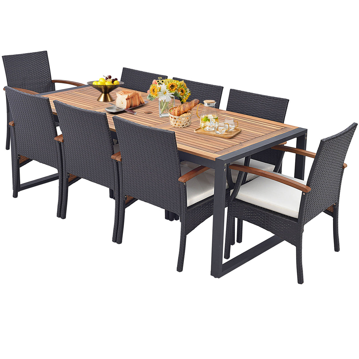 9 Pieces Patio Rattan Dining Set with Acacia Wood Table for Backyard Garden-L