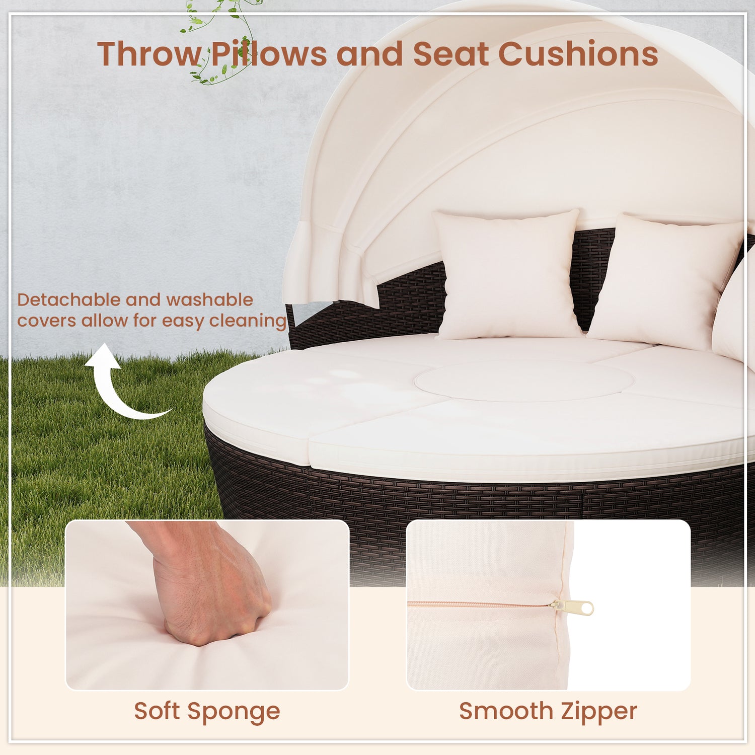 Patio Round Daybed with Retractable Canopy-White