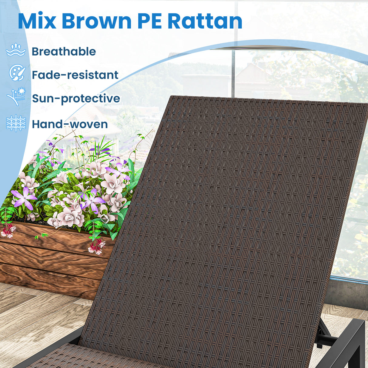 PE Wicker Patio Chaise Lounge Chair with Wheels for Poolside Backyard and Deck