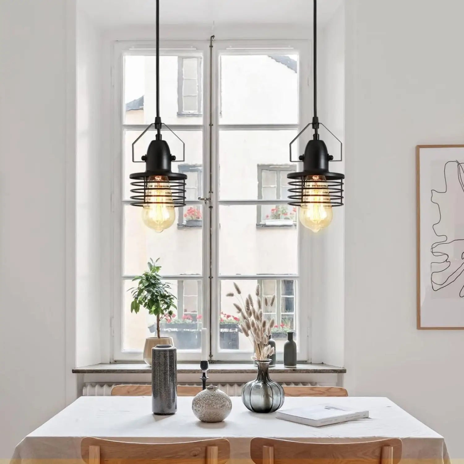 Pendant Light Kitchen Island – Industrial Black Metal Cage Fixture