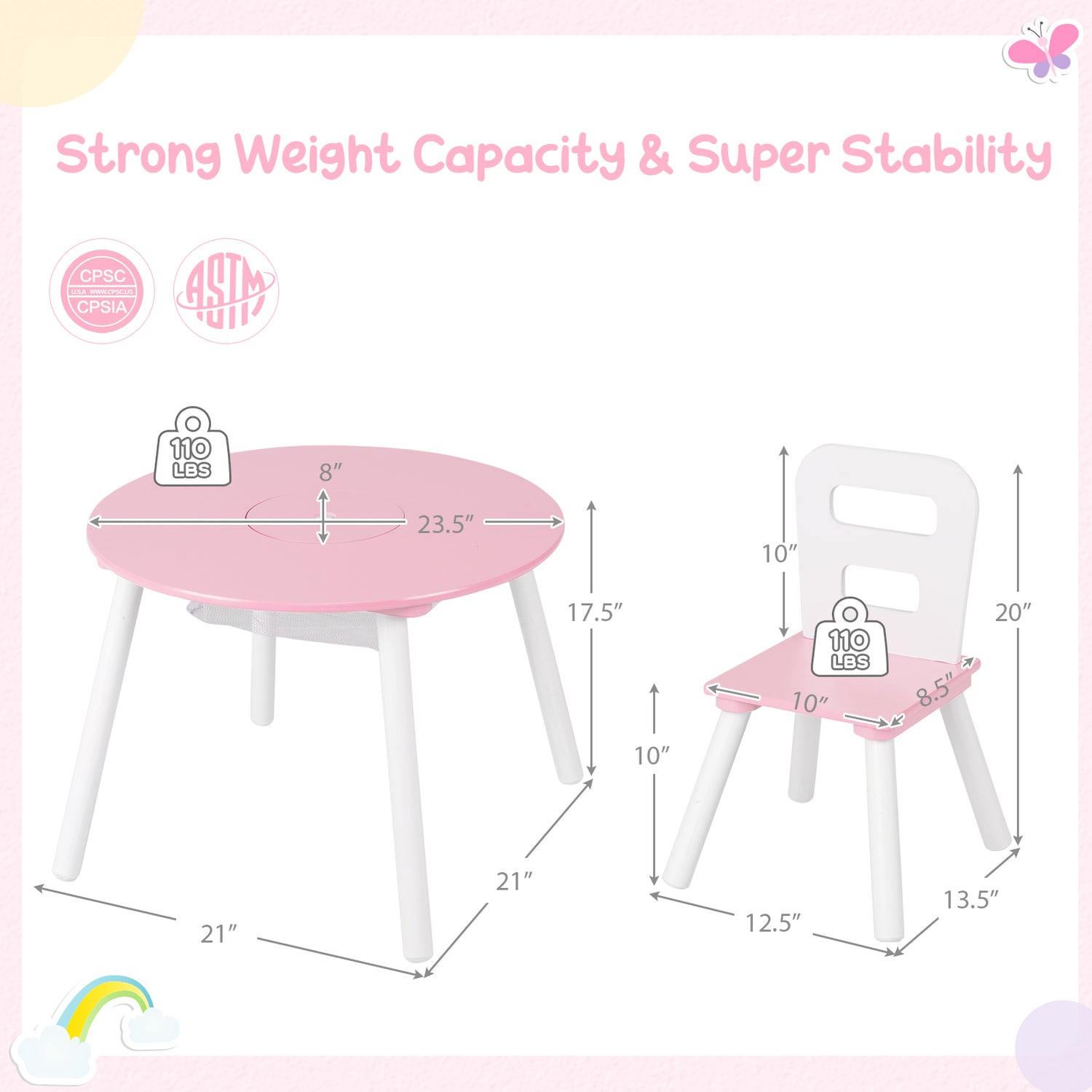 Wood Activity Kids Table and Chair Set with Center Mesh Storage