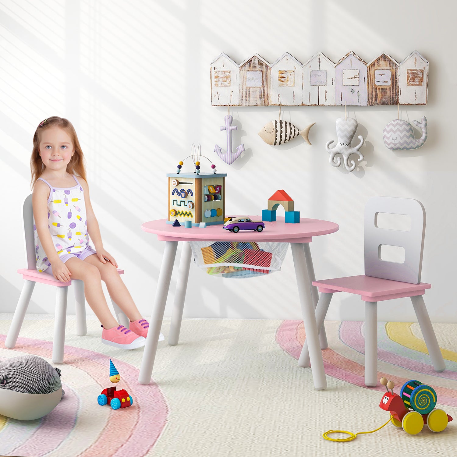 Wood Activity Kids Table and Chair Set with Center Mesh Storage
