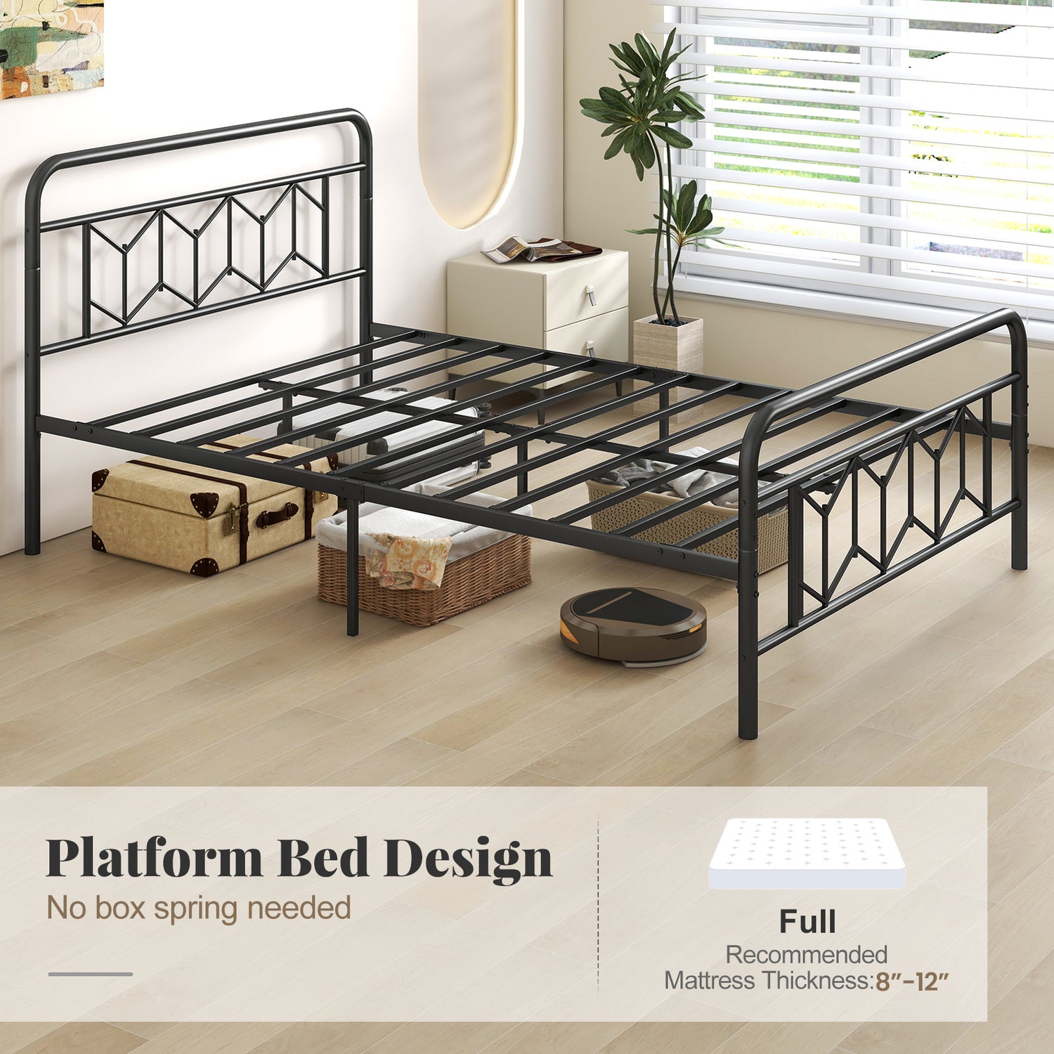 Platform Bed with High Headboard and Snap Lock Metal Slats