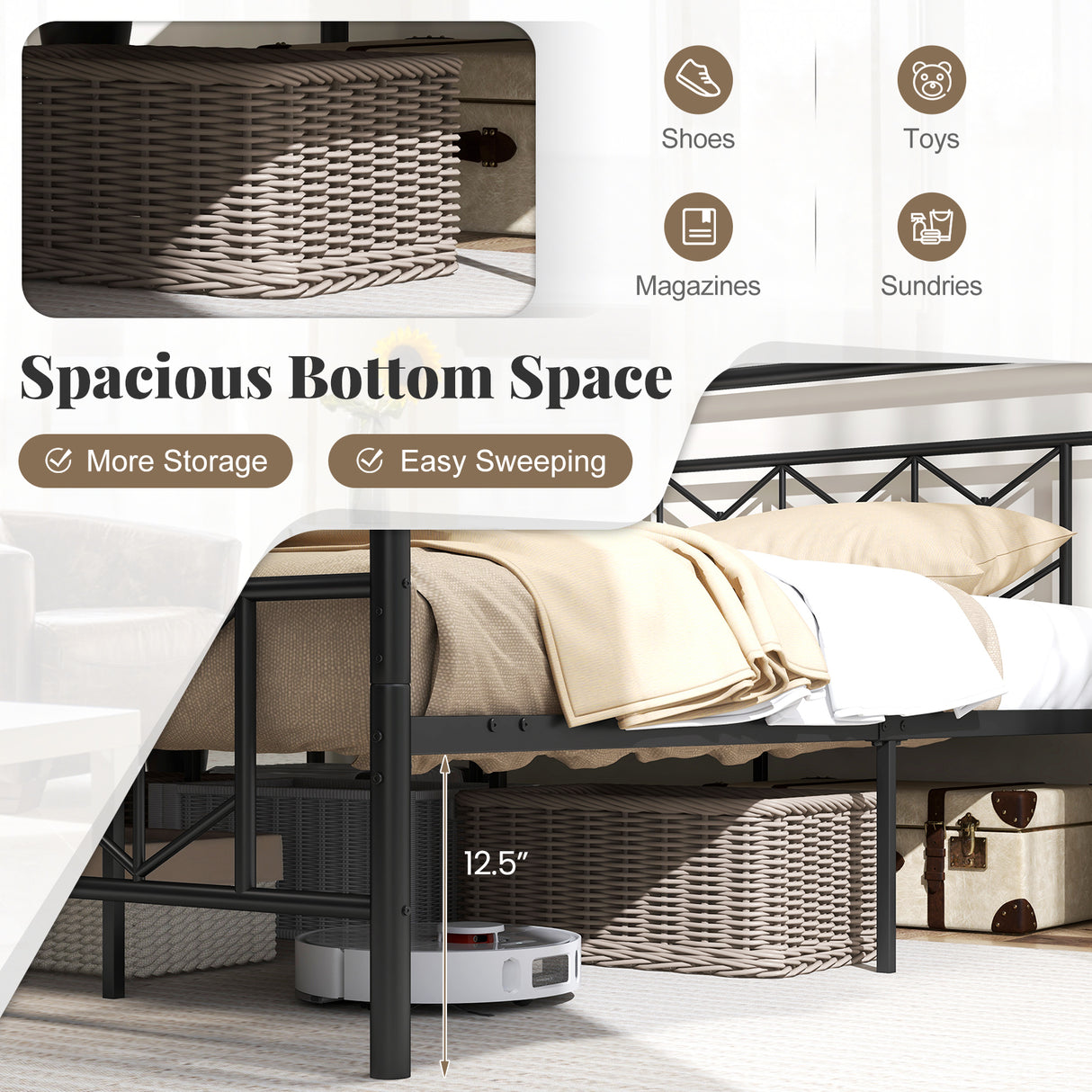 Platform Bed with High Headboard and Snap Lock Metal Slats