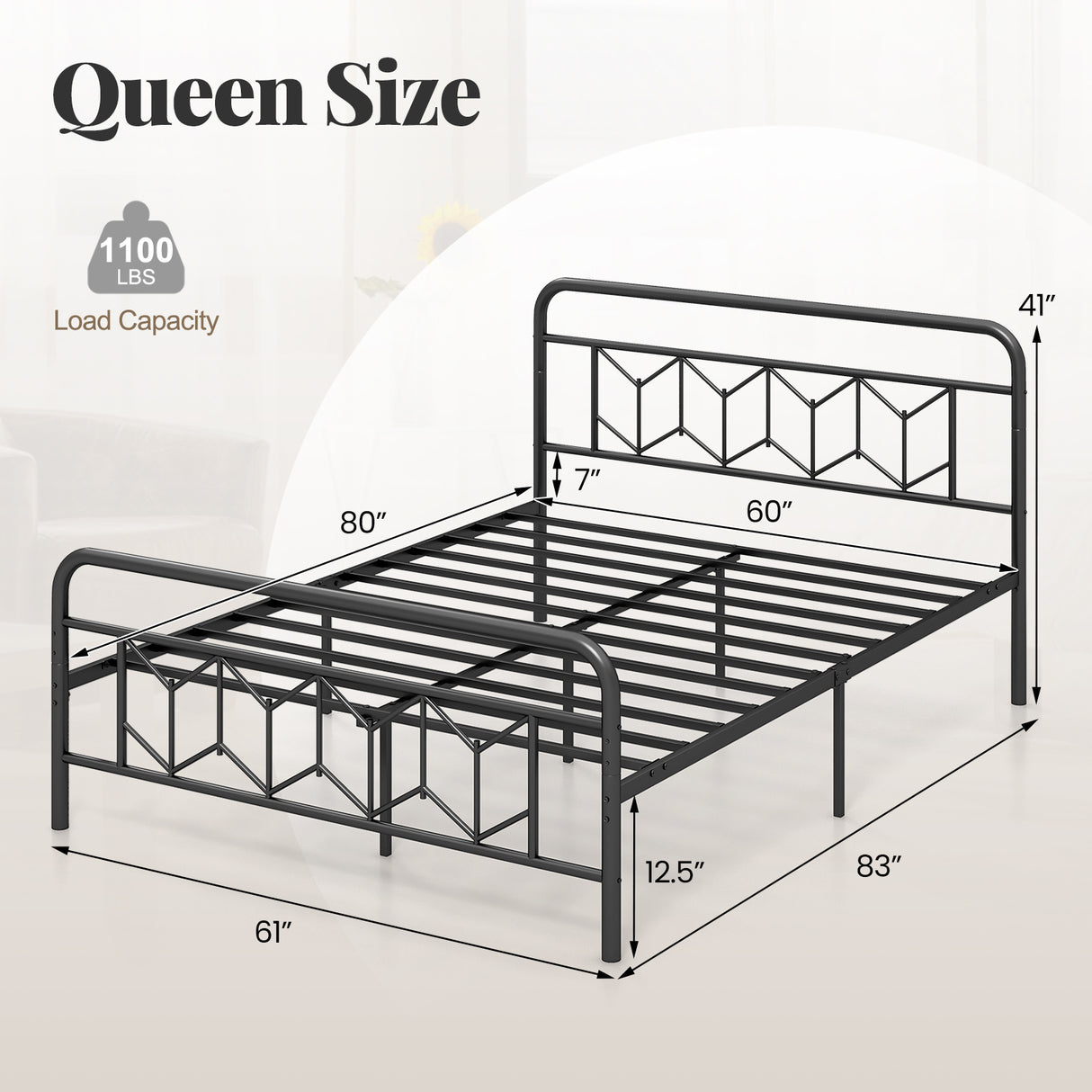 Platform Bed with High Headboard and Snap Lock Metal Slats
