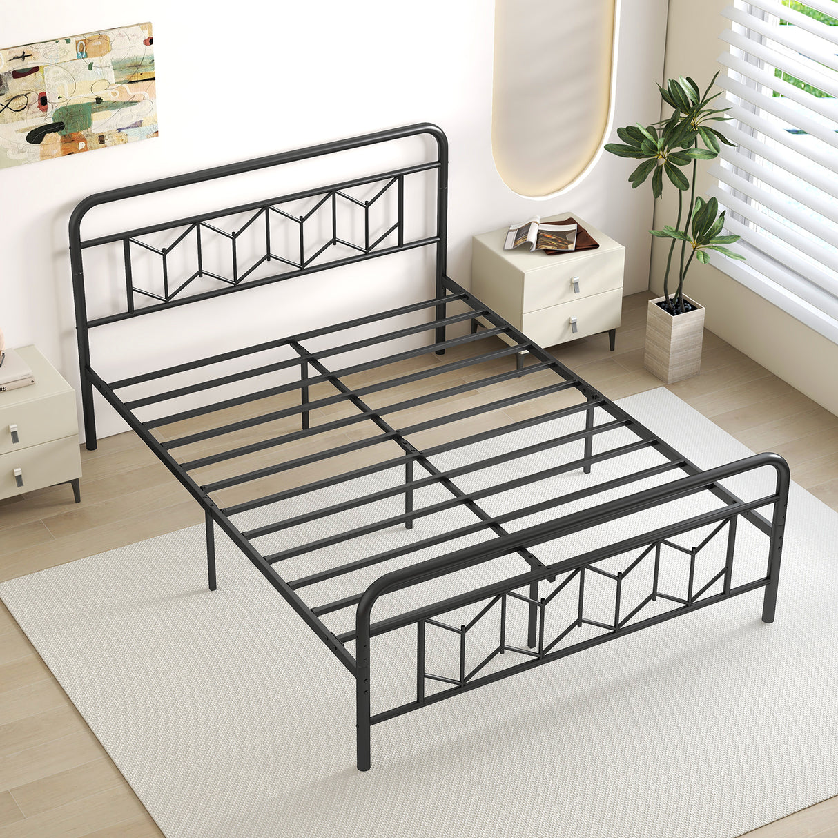 Platform Bed with High Headboard and Snap Lock Metal Slats