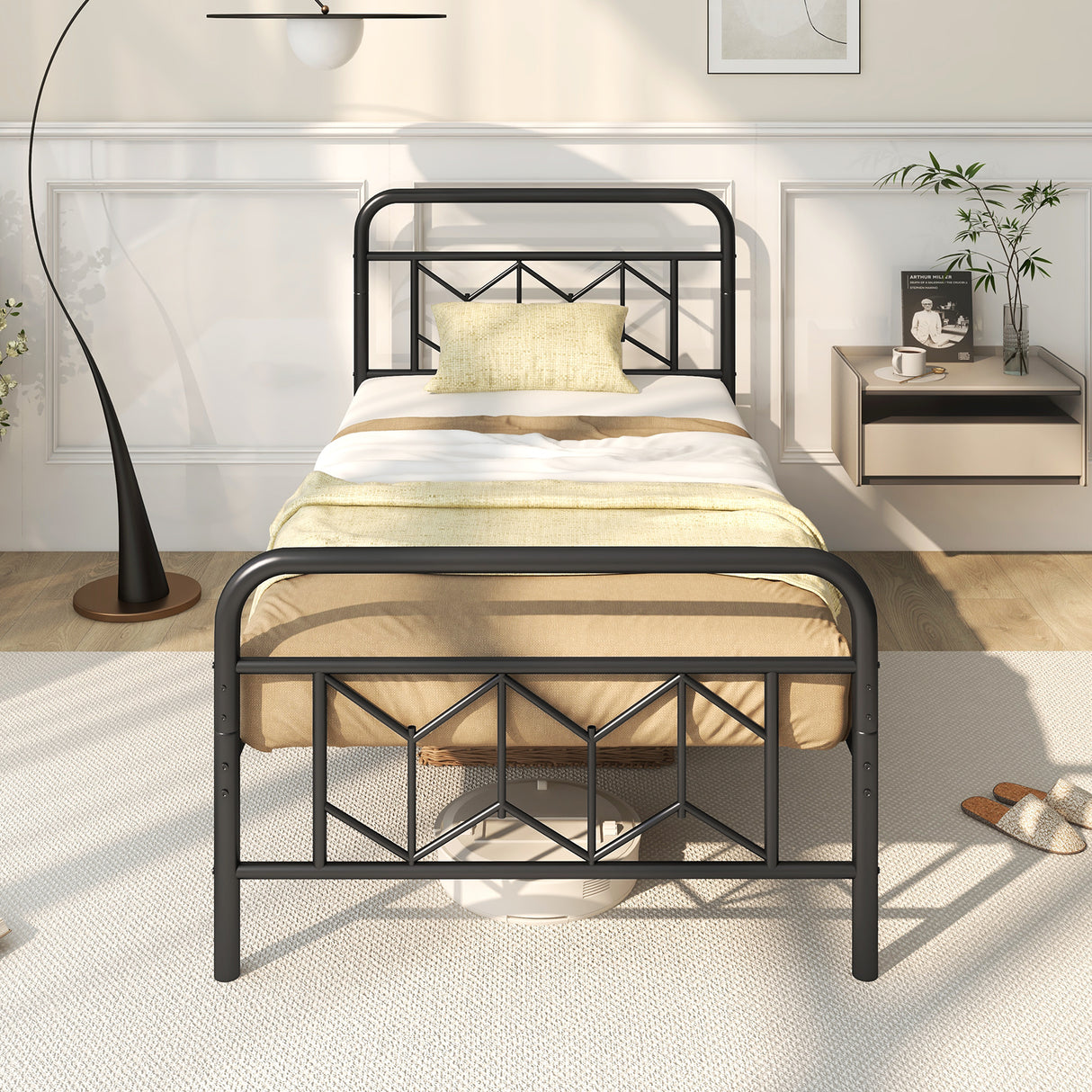 Platform Bed with High Headboard and Snap Lock Metal Slats
