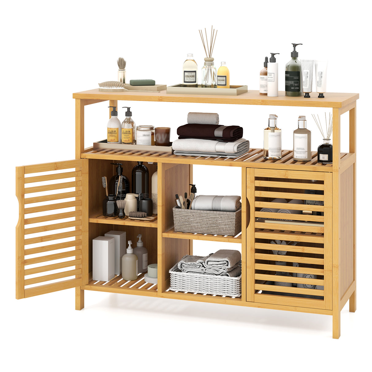 Bamboo Bathroom Cabinet with Shelves and Doors-Natural