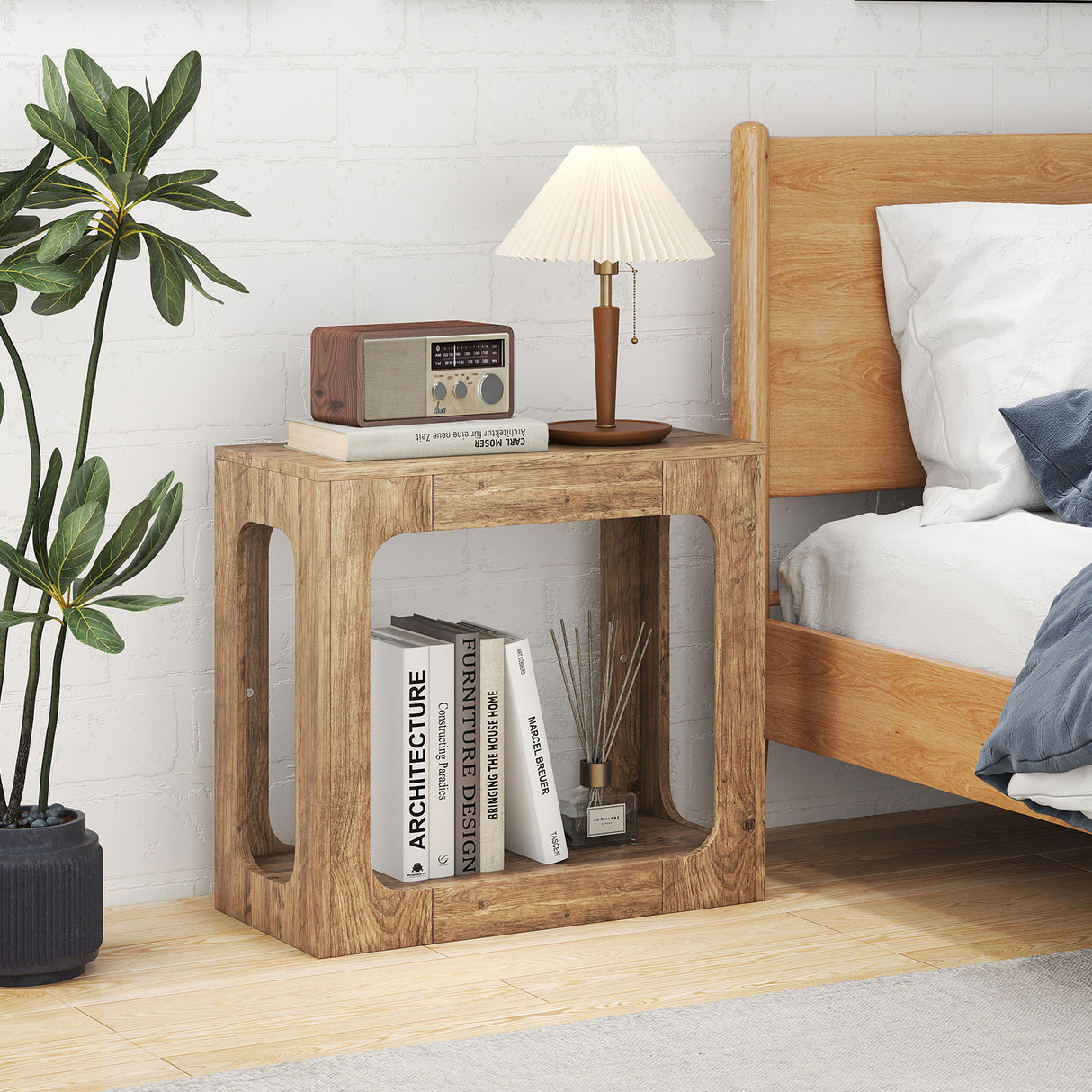 2-Tier End Table with Storage Shelf for Living Room-Oak