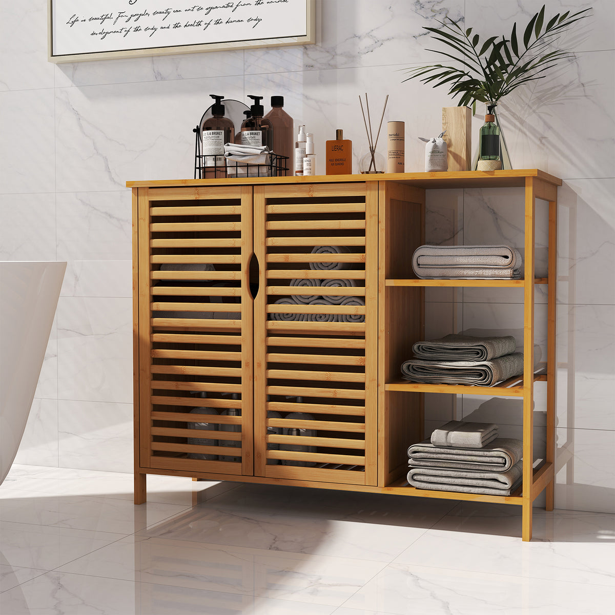 Bamboo Bathroom Cabinet 2-Door Storage Organizer with Shelves-Natural