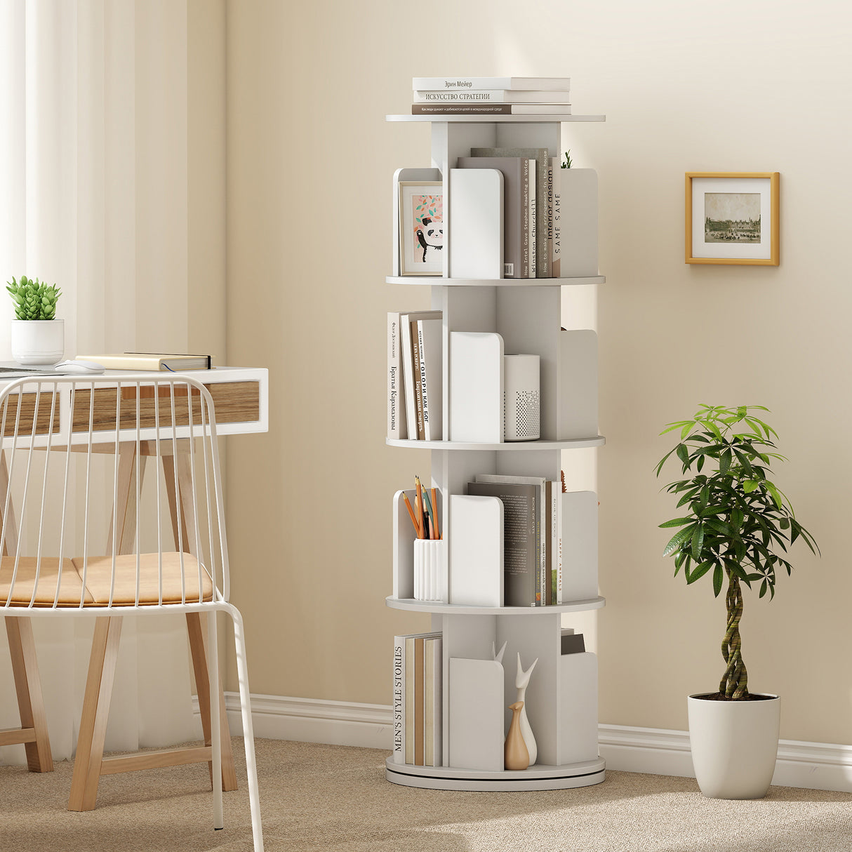 4-Tier Rotating Bookshelf 360° Display Rack with Dividers and Anti-falling Baffles
