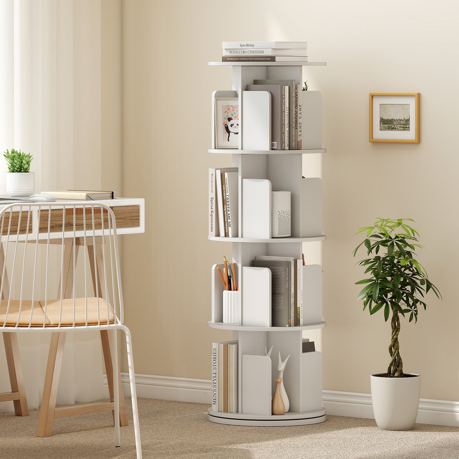 4-Tier Rotating Bookshelf 360° Display Rack with Dividers and Anti-falling Baffles