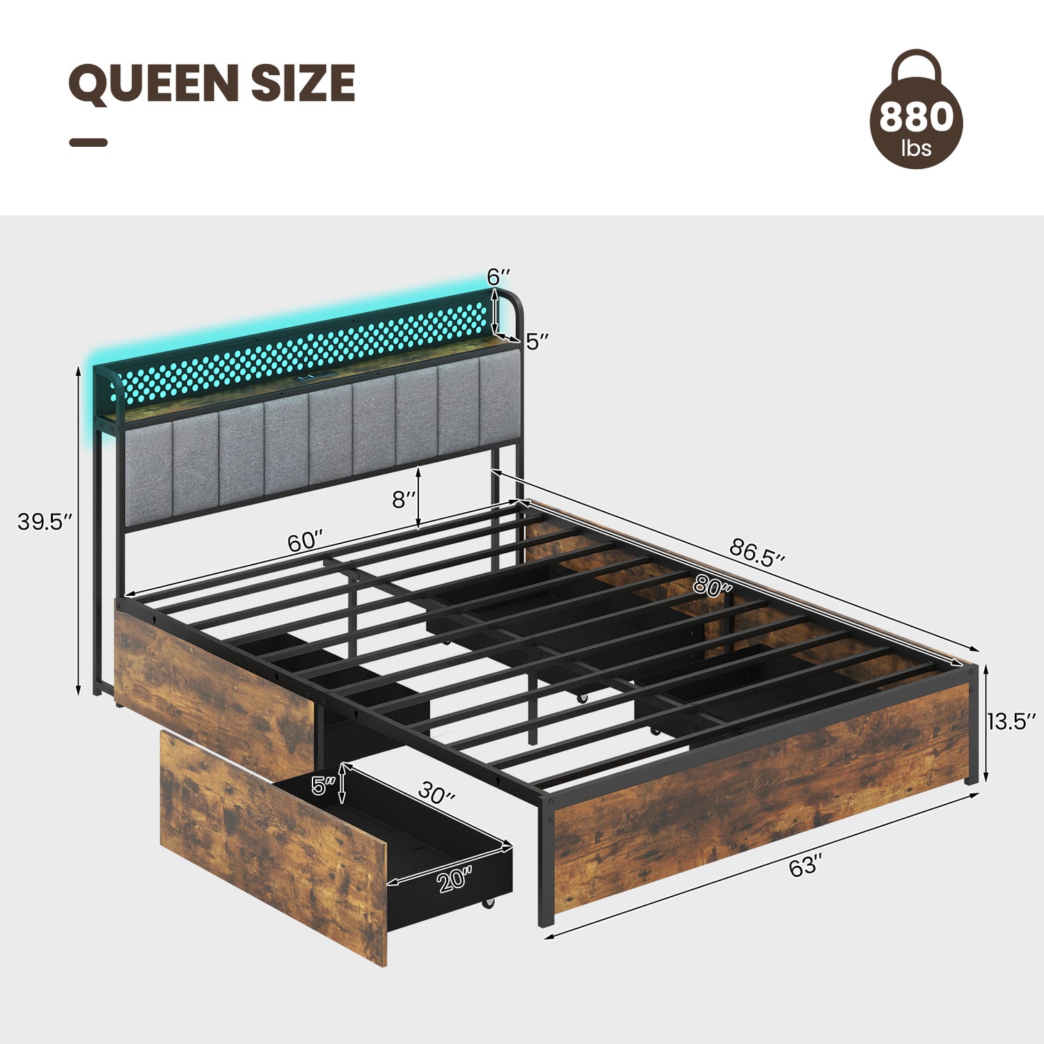 Twin/Full/Queen Bed Frame with LED Lights Upholstered Headboard and 4 Storage Drawers