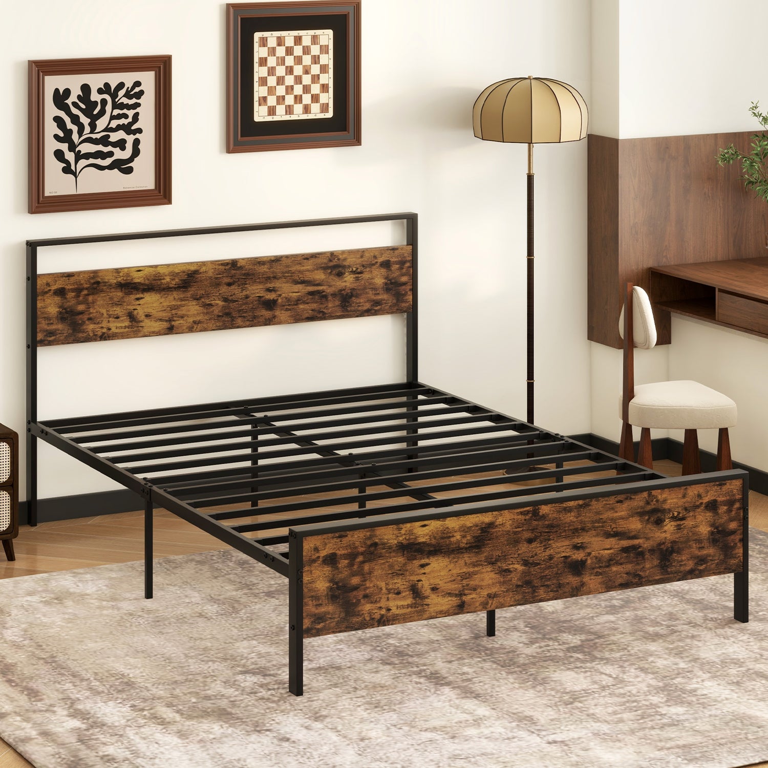 Twin Metal Bed Frame Industrial Platform Bed with Wooden Headboard