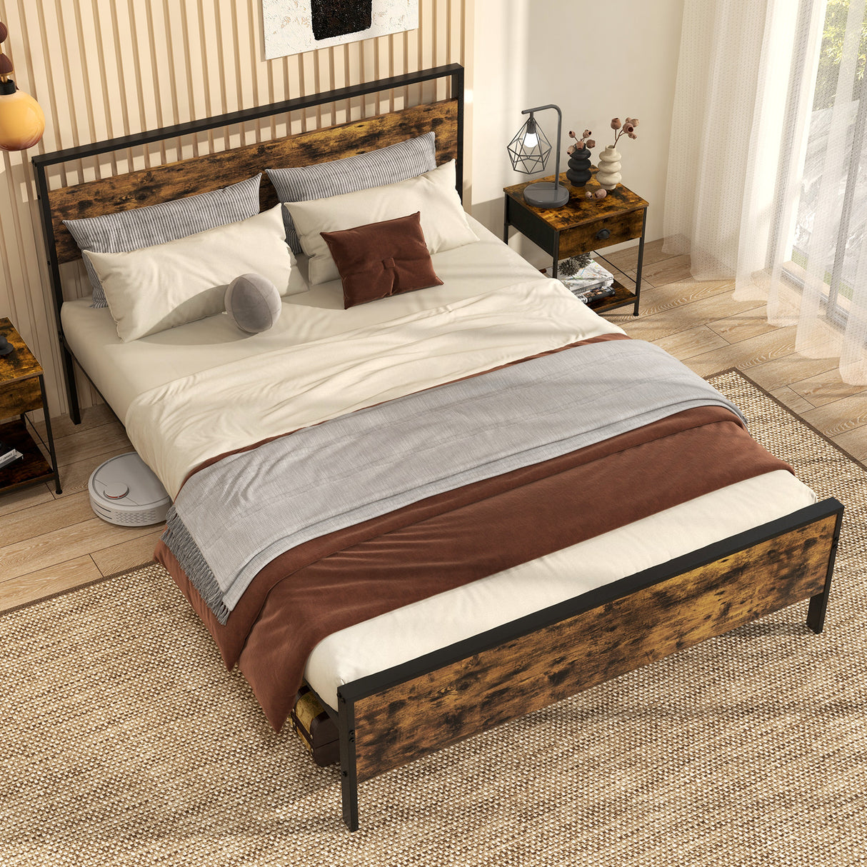 Twin Metal Bed Frame Industrial Platform Bed with Wooden Headboard