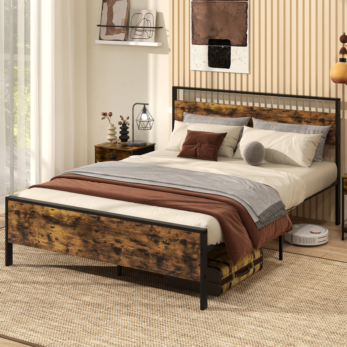 Twin Metal Bed Frame Industrial Platform Bed with Wooden Headboard