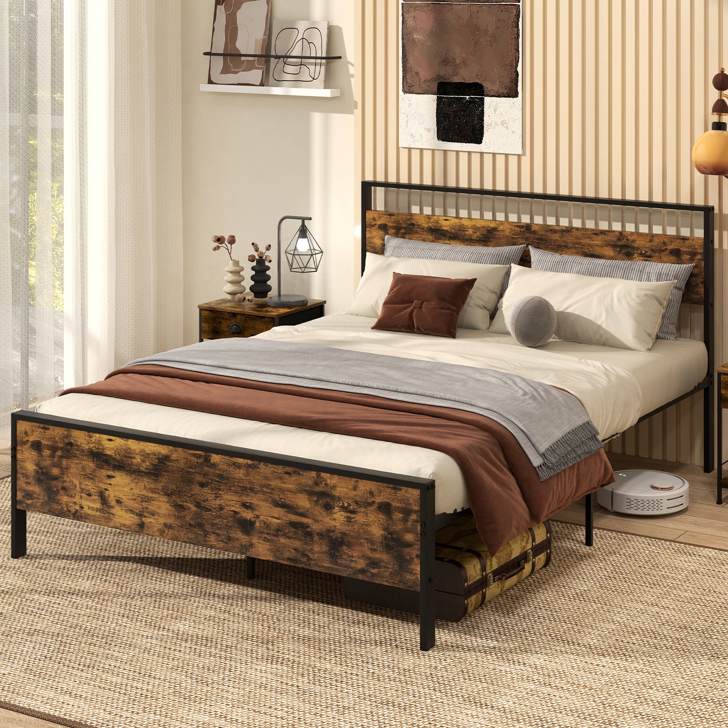 Twin Metal Bed Frame Industrial Platform Bed with Wooden Headboard
