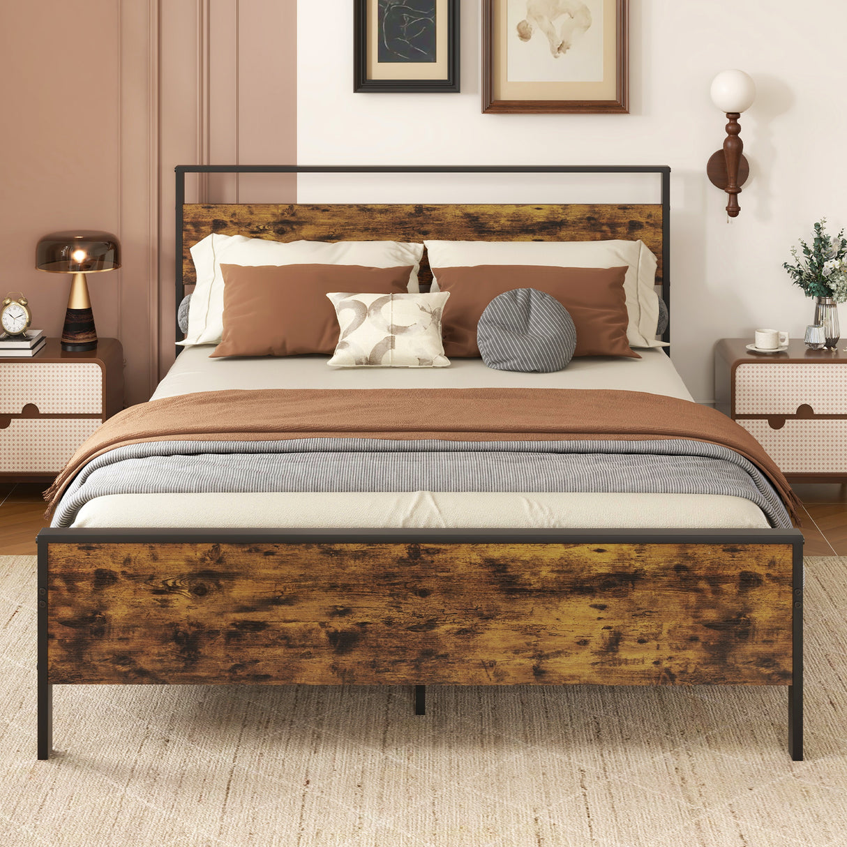 Twin Metal Bed Frame Industrial Platform Bed with Wooden Headboard