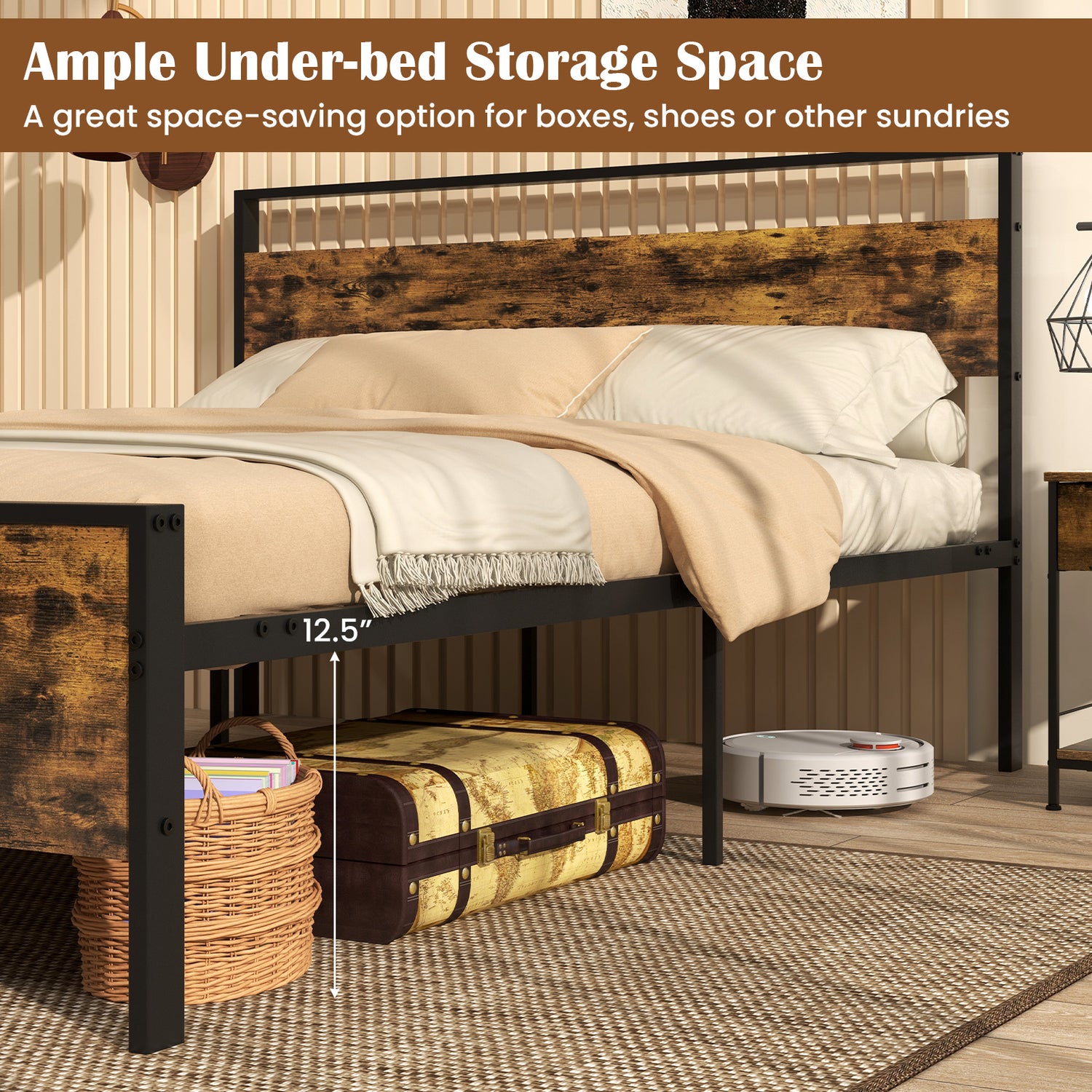 Twin Metal Bed Frame Industrial Platform Bed with Wooden Headboard