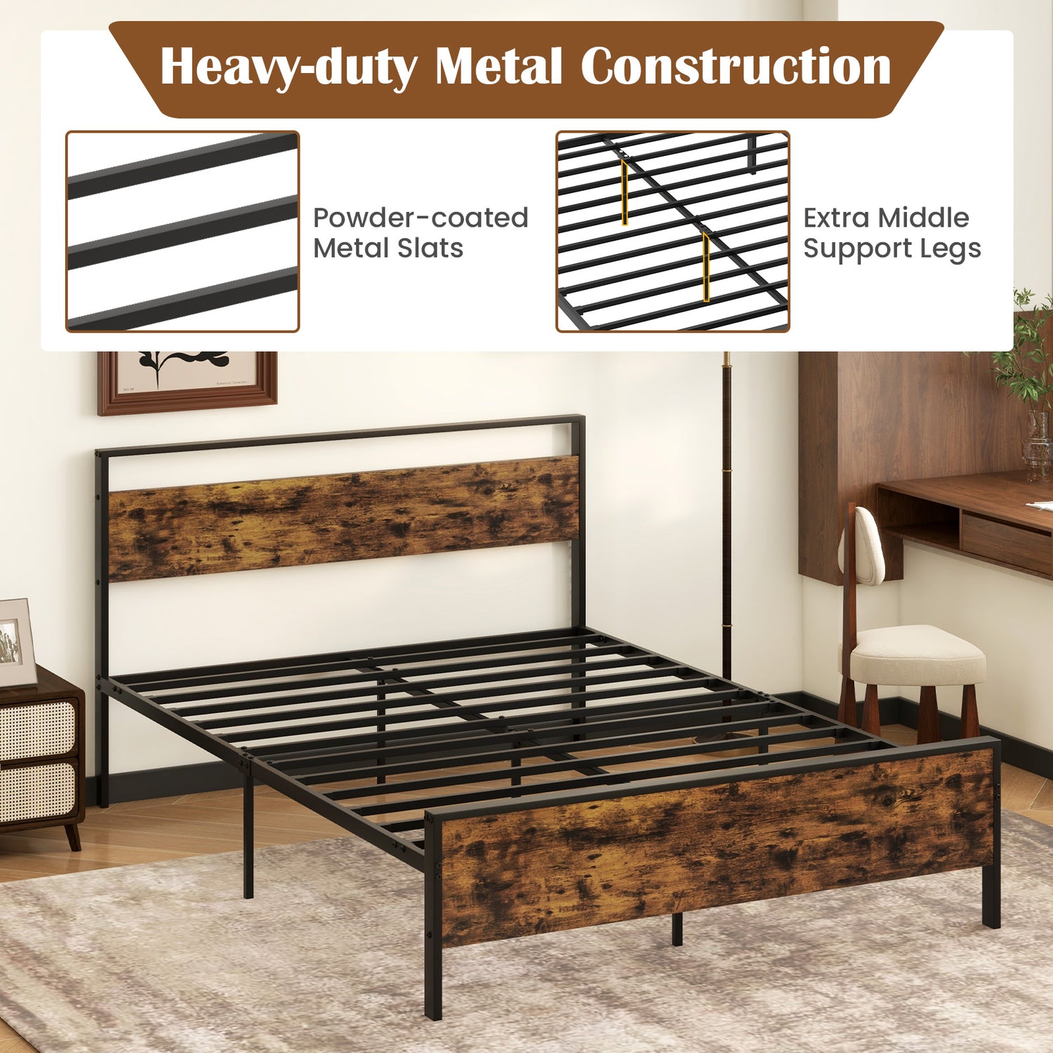 Twin Metal Bed Frame Industrial Platform Bed with Wooden Headboard