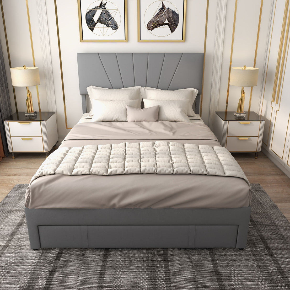 Full/Queen Size Upholstered Bed Frame with Drawer and Adjustable Headboard