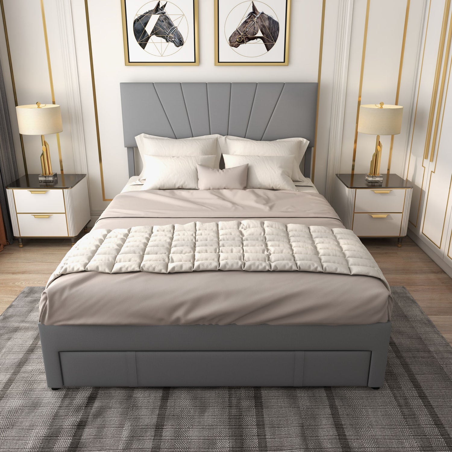 Full/Queen Size Upholstered Bed Frame with Drawer and Adjustable Headboard