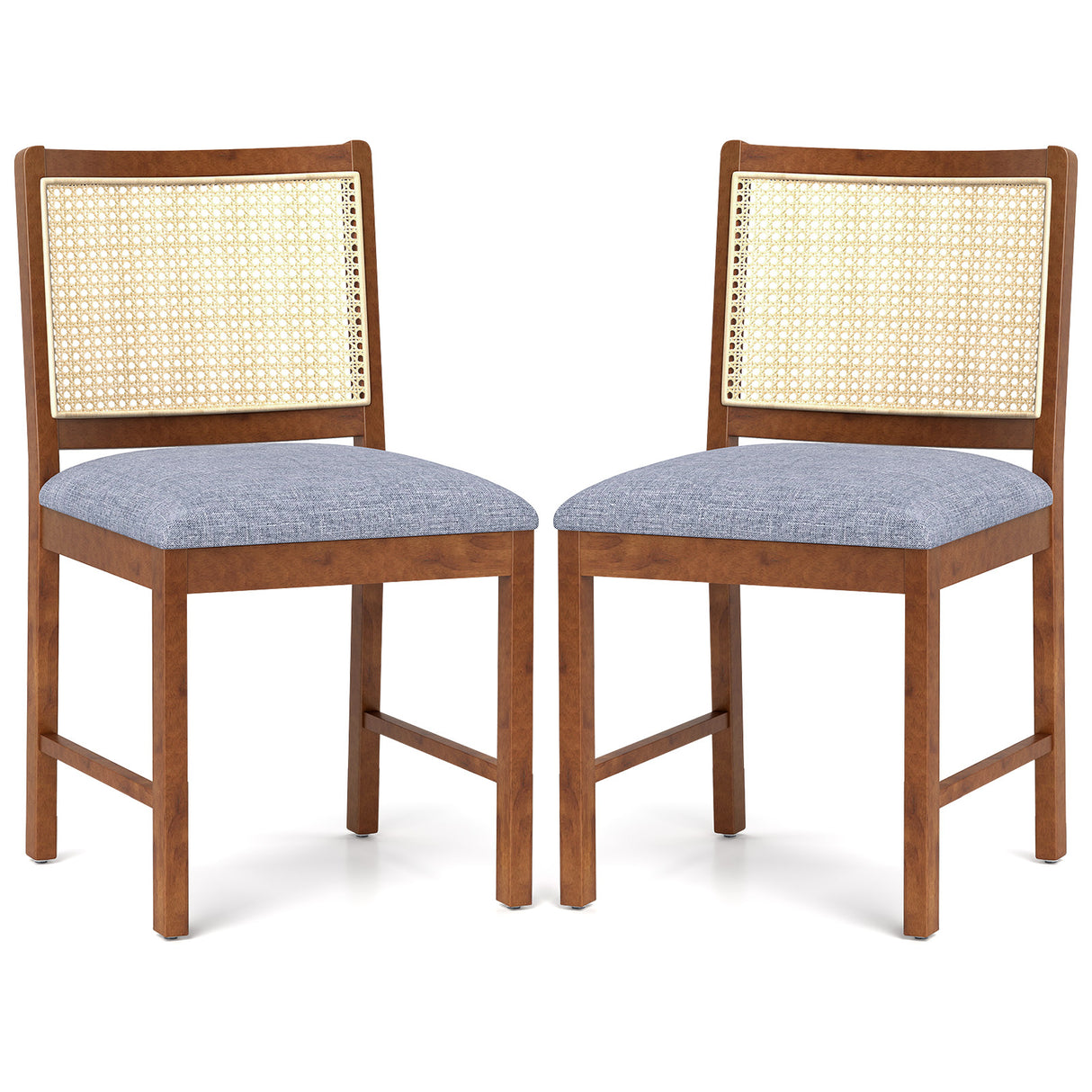 Rattan Dining Chair Set of 2 with Rubber Wood Frame and Linen Fabric Padded Seat-Walnut