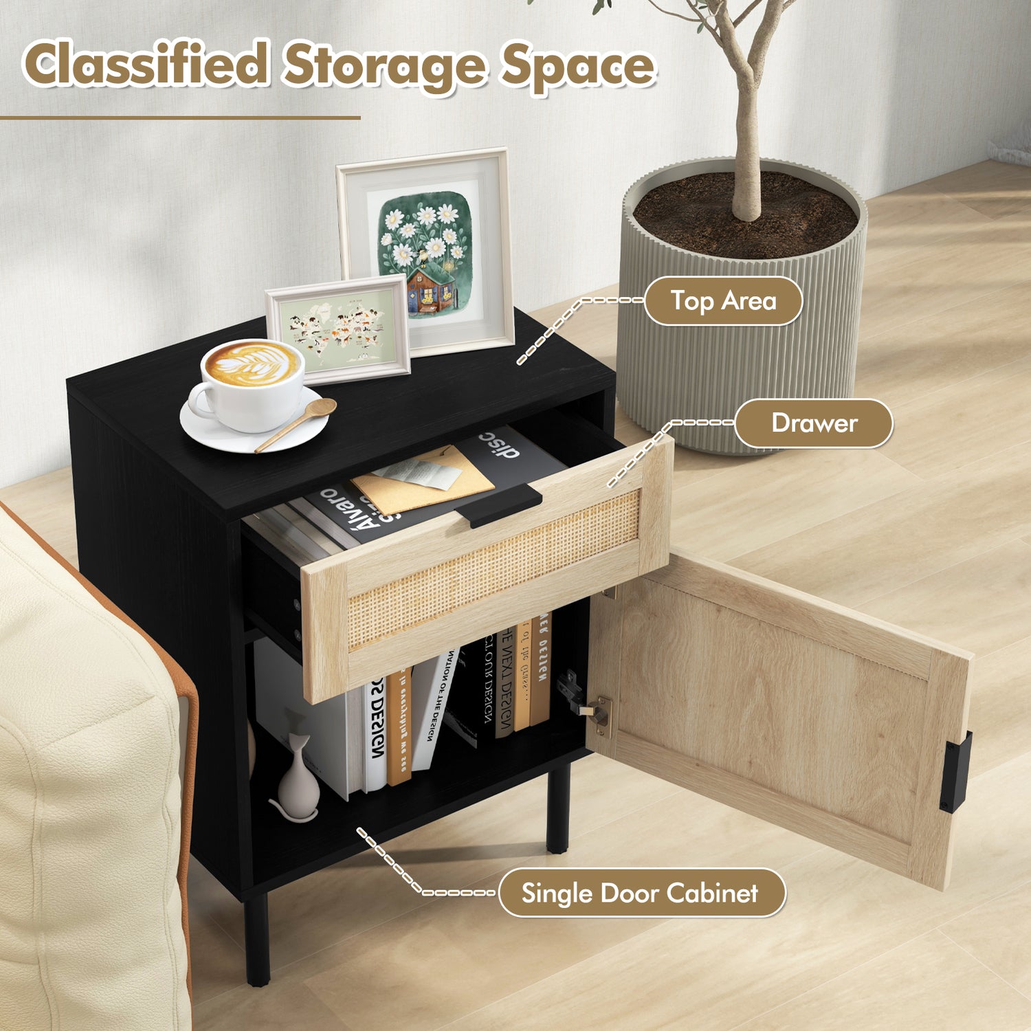 Rattan Nightstand Set of 2 with Drawer and Cabinet-Natural