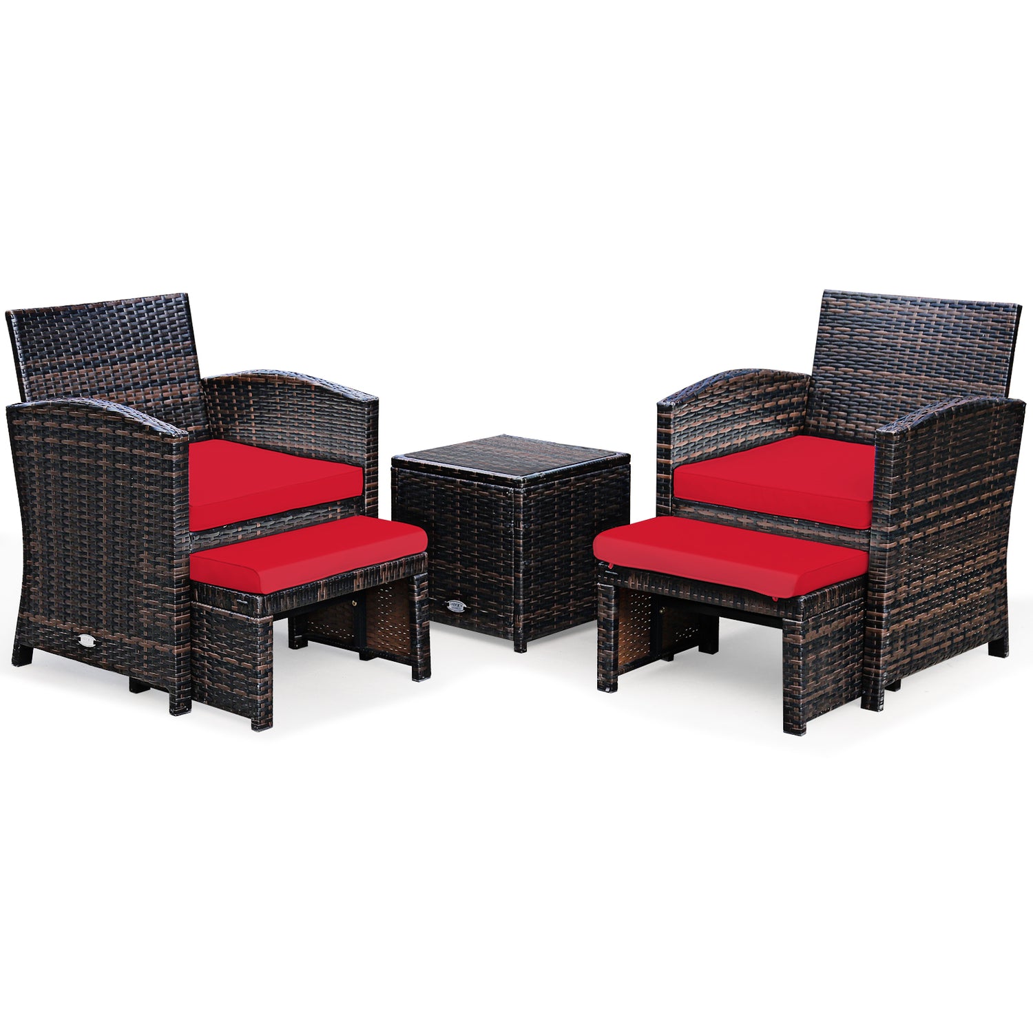 5 Pieces Patio Rattan Furniture Set with Ottoman and Tempered Glass Coffee Table