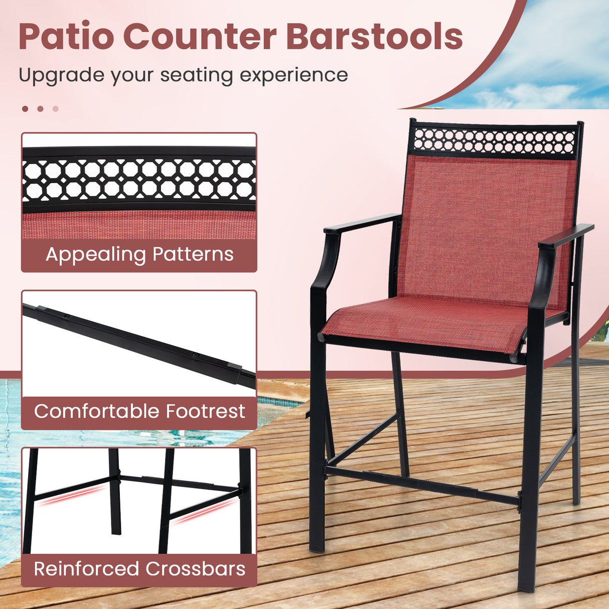 Outdoor Counter Stools Set of 2 Heavy-Duty Barstools with Footrest and Armrests
