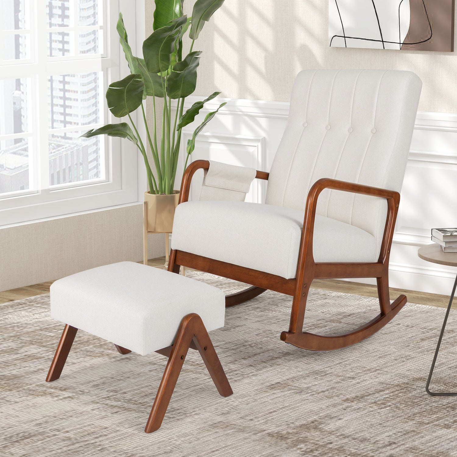Rocking Chair with Ottoman and Solid Rubber Wood Frame and Padded Cushion