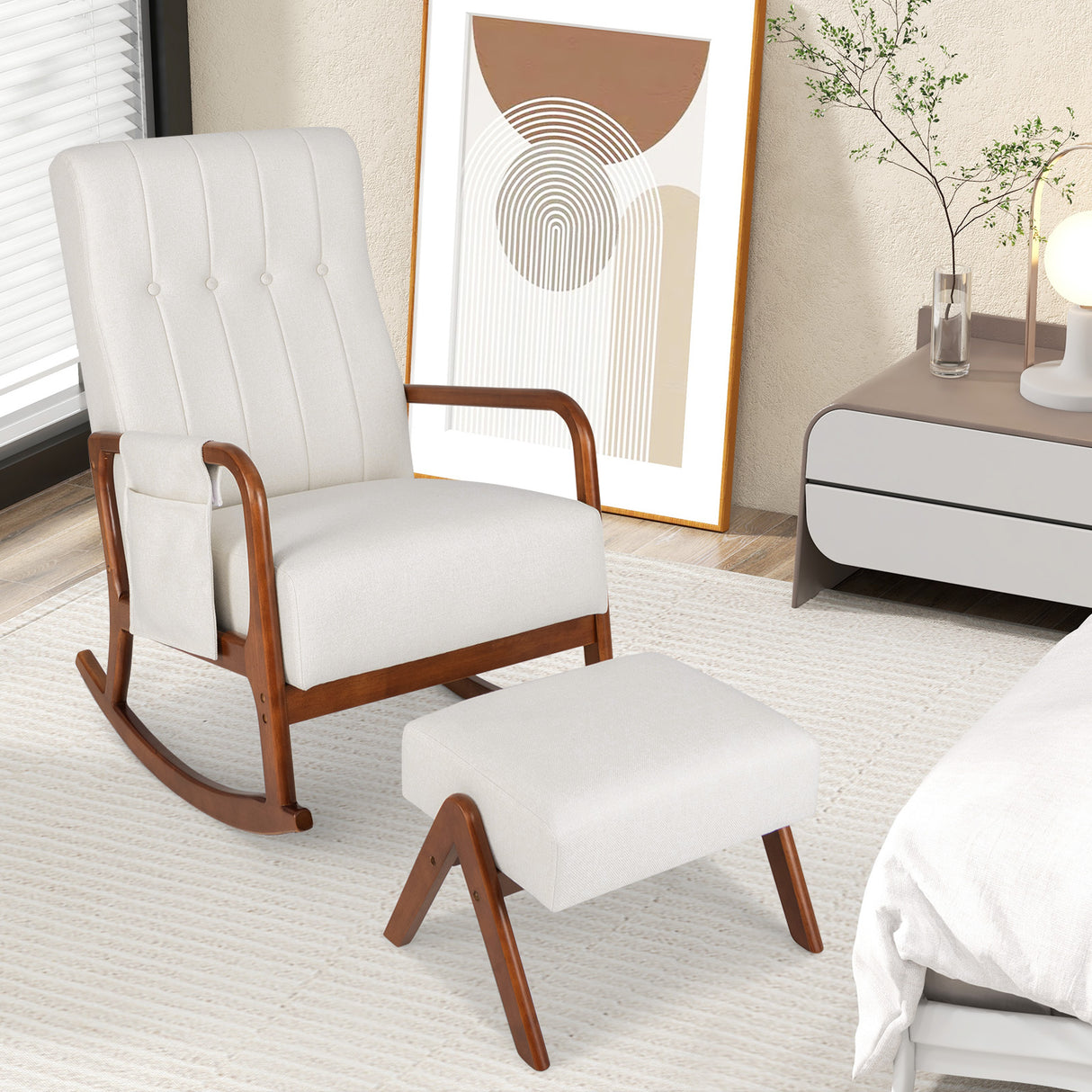 Rocking Chair with Ottoman and Solid Rubber Wood Frame and Padded Cushion