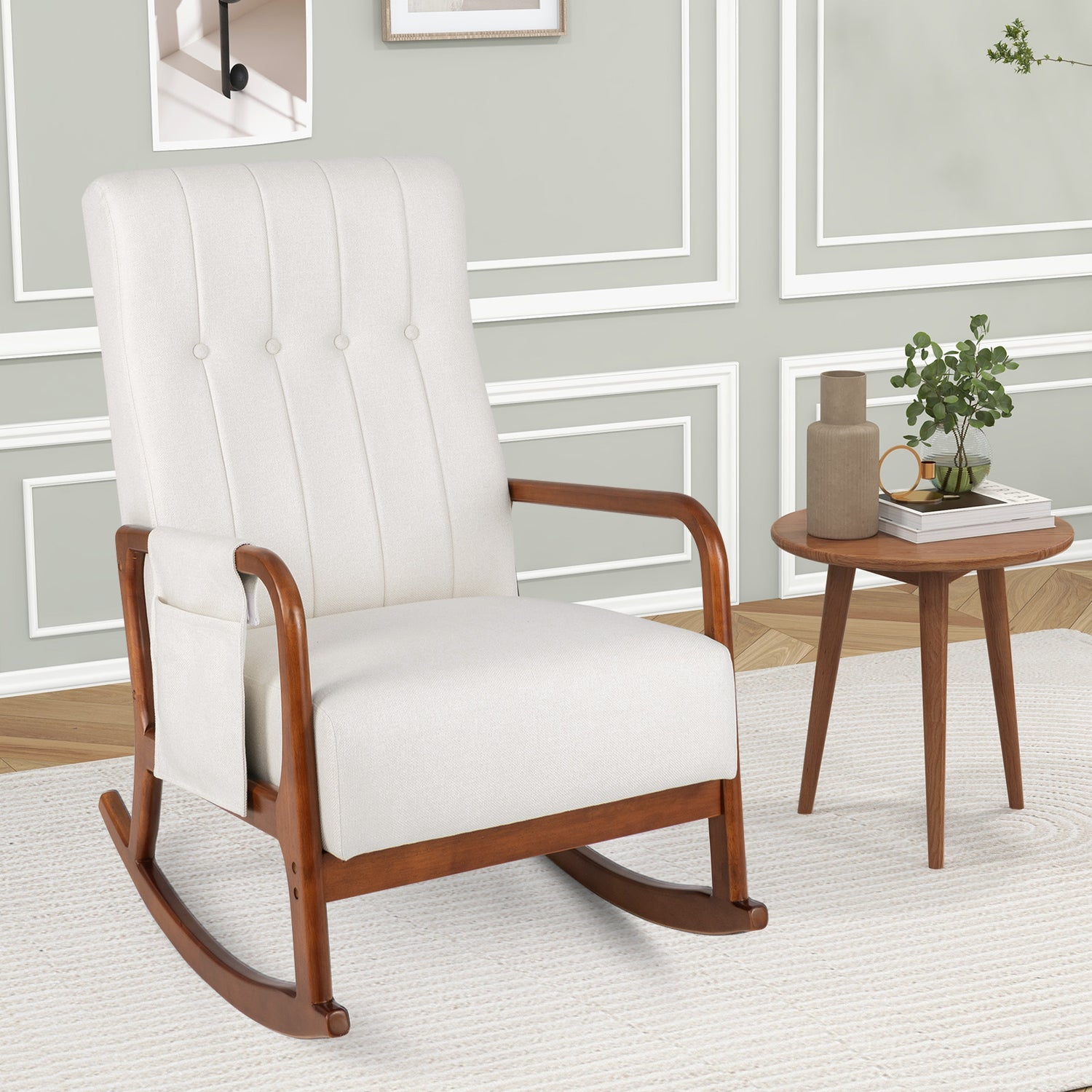 Rocking Chair with Ottoman and Solid Rubber Wood Frame and Padded Cushion
