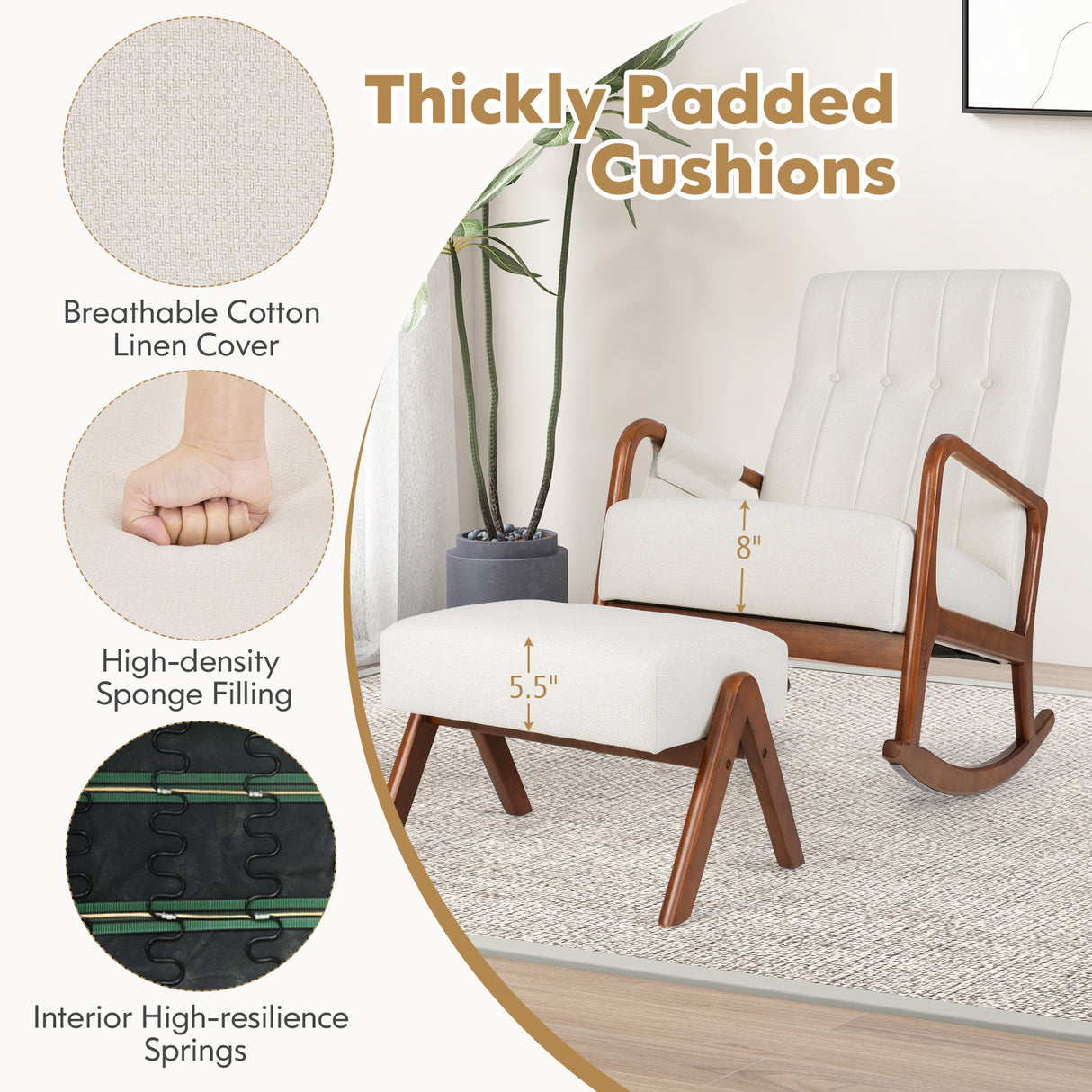 Rocking Chair with Ottoman and Solid Rubber Wood Frame and Padded Cushion