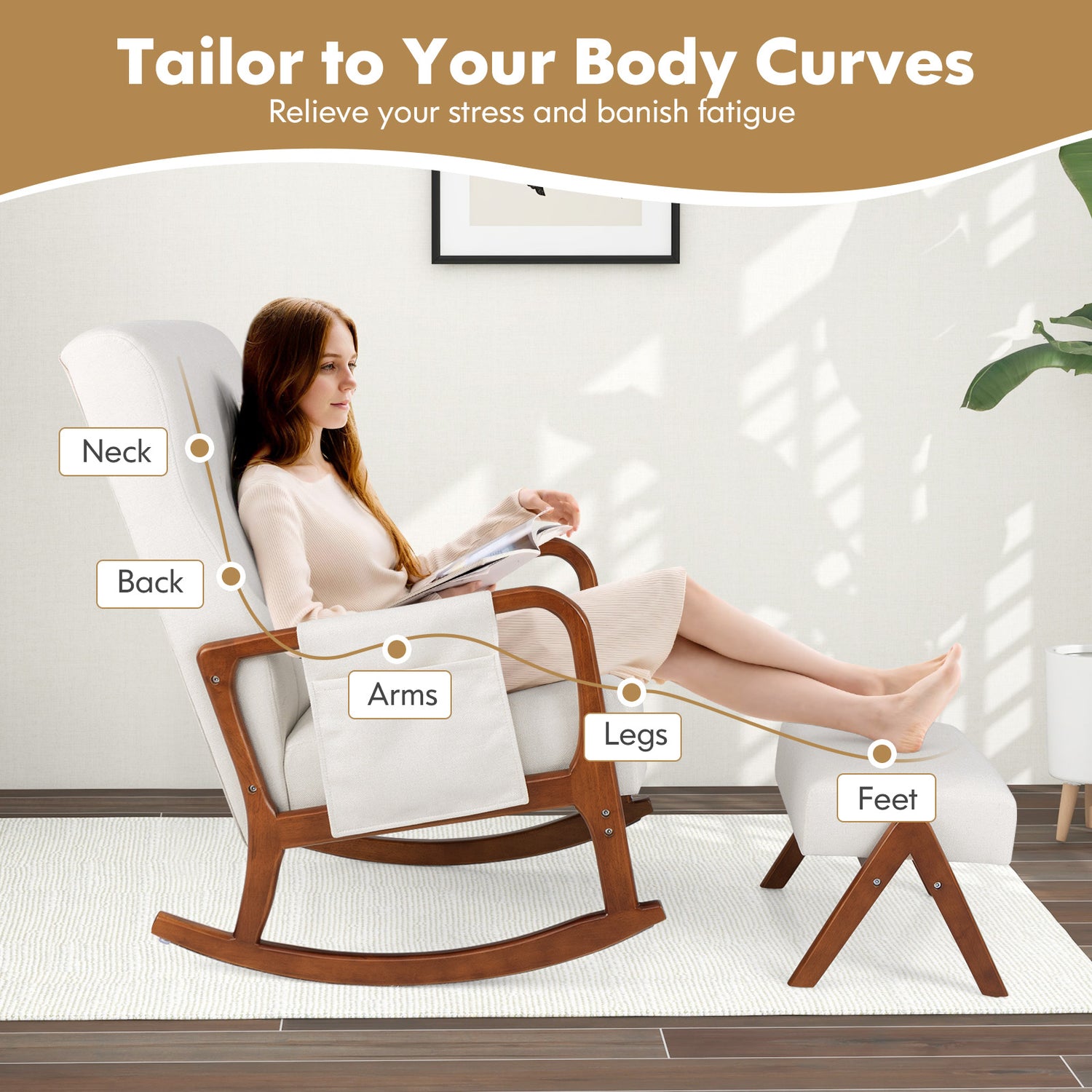 Rocking Chair with Ottoman and Solid Rubber Wood Frame and Padded Cushion