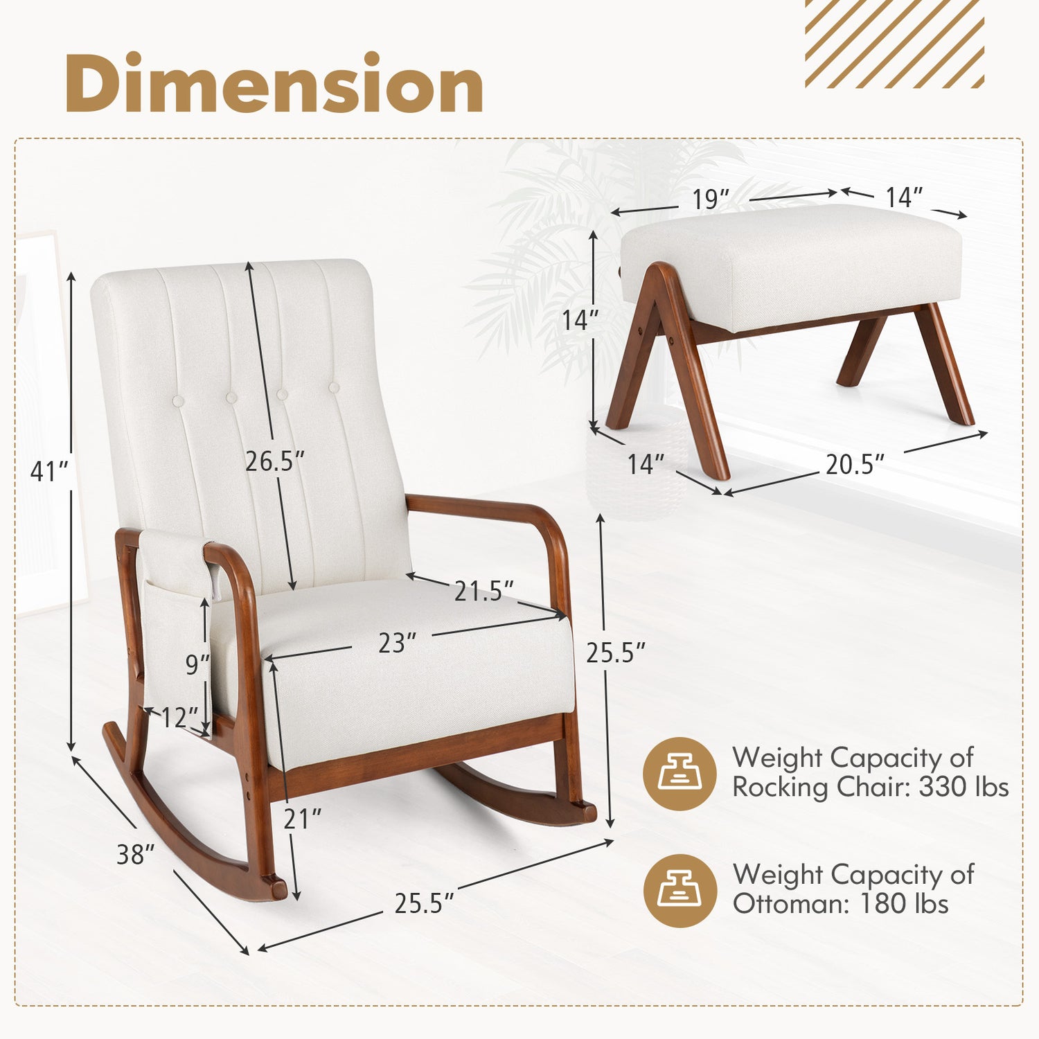 Rocking Chair with Ottoman and Solid Rubber Wood Frame and Padded Cushion