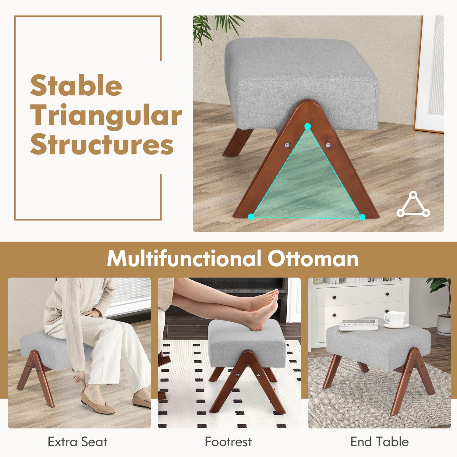 Rocking Chair with Ottoman and Solid Rubber Wood Frame and Padded Cushion