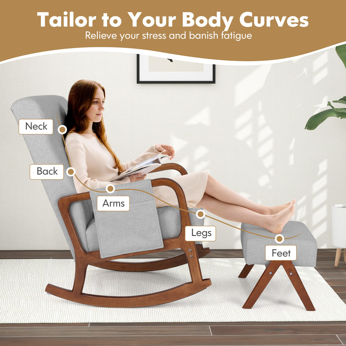 Rocking Chair with Ottoman and Solid Rubber Wood Frame and Padded Cushion