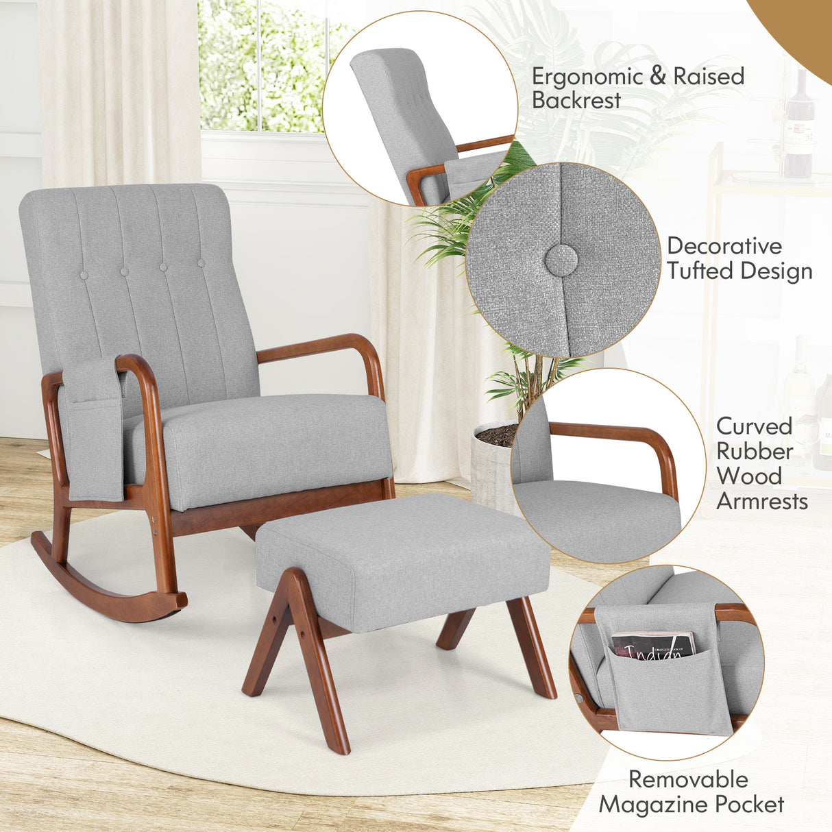 Rocking Chair with Ottoman and Solid Rubber Wood Frame and Padded Cushion
