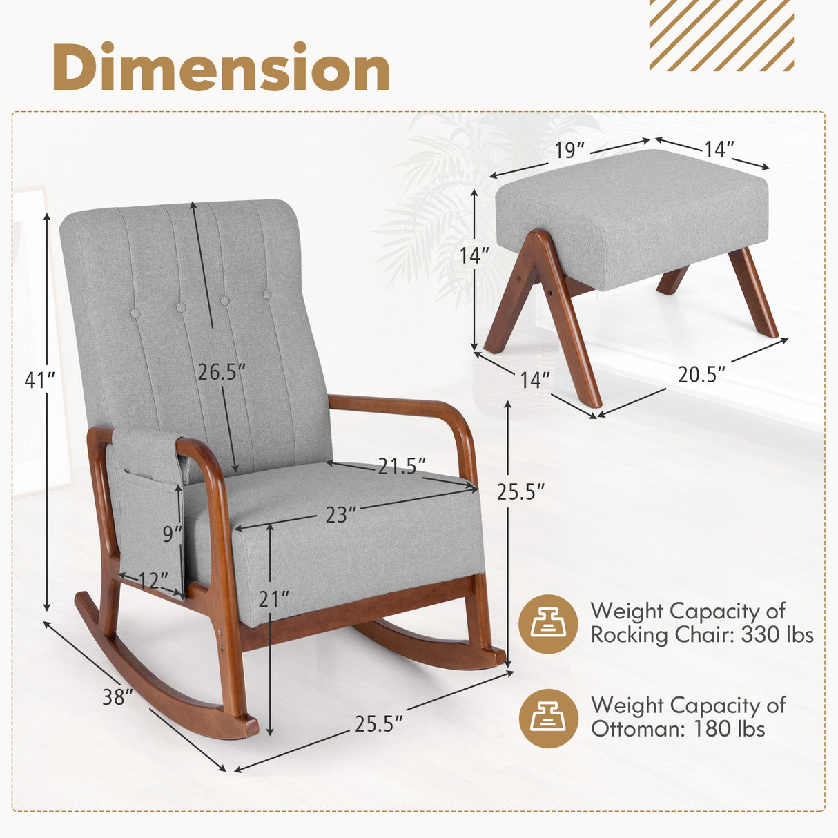 Rocking Chair with Ottoman and Solid Rubber Wood Frame and Padded Cushion