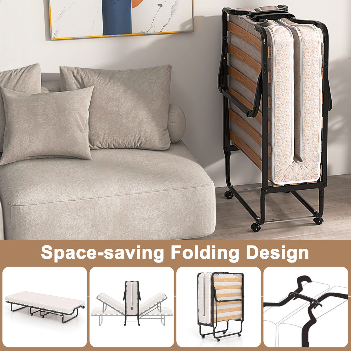 Rollaway Folding Bed with Memory Foam Mattress Made in Italy