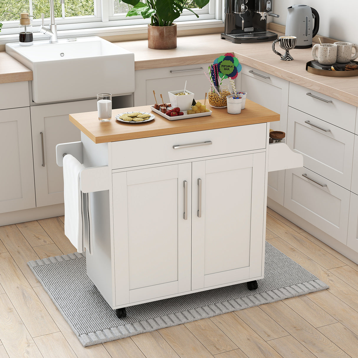 Rolling Kitchen Island Cart with Towel and Spice Rack