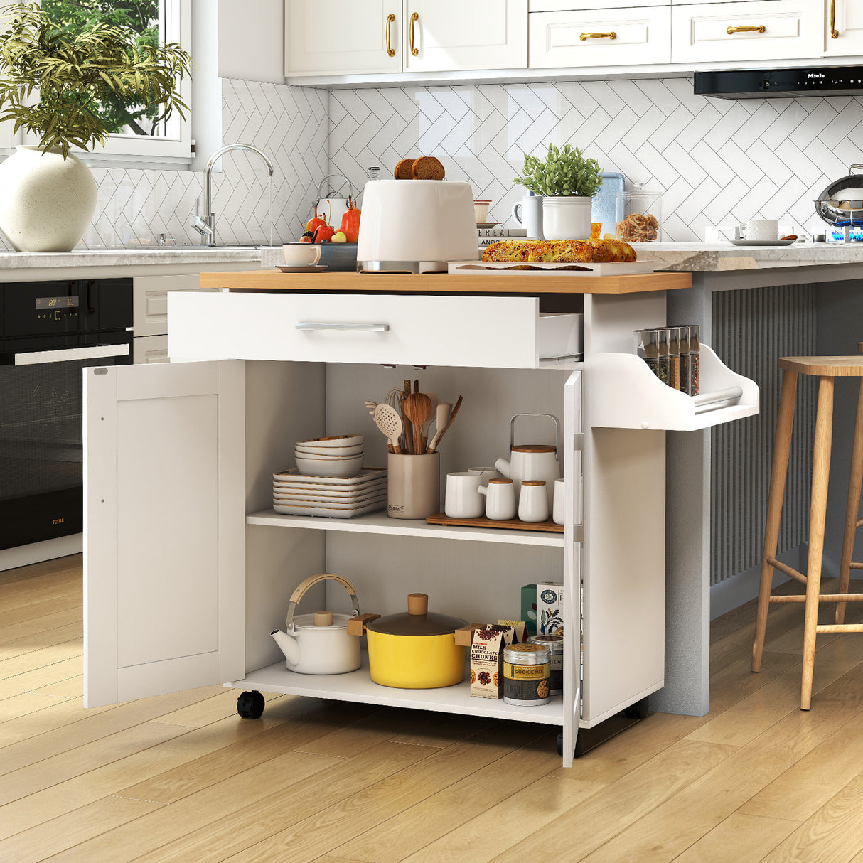 Rolling Kitchen Island Cart with Towel and Spice Rack