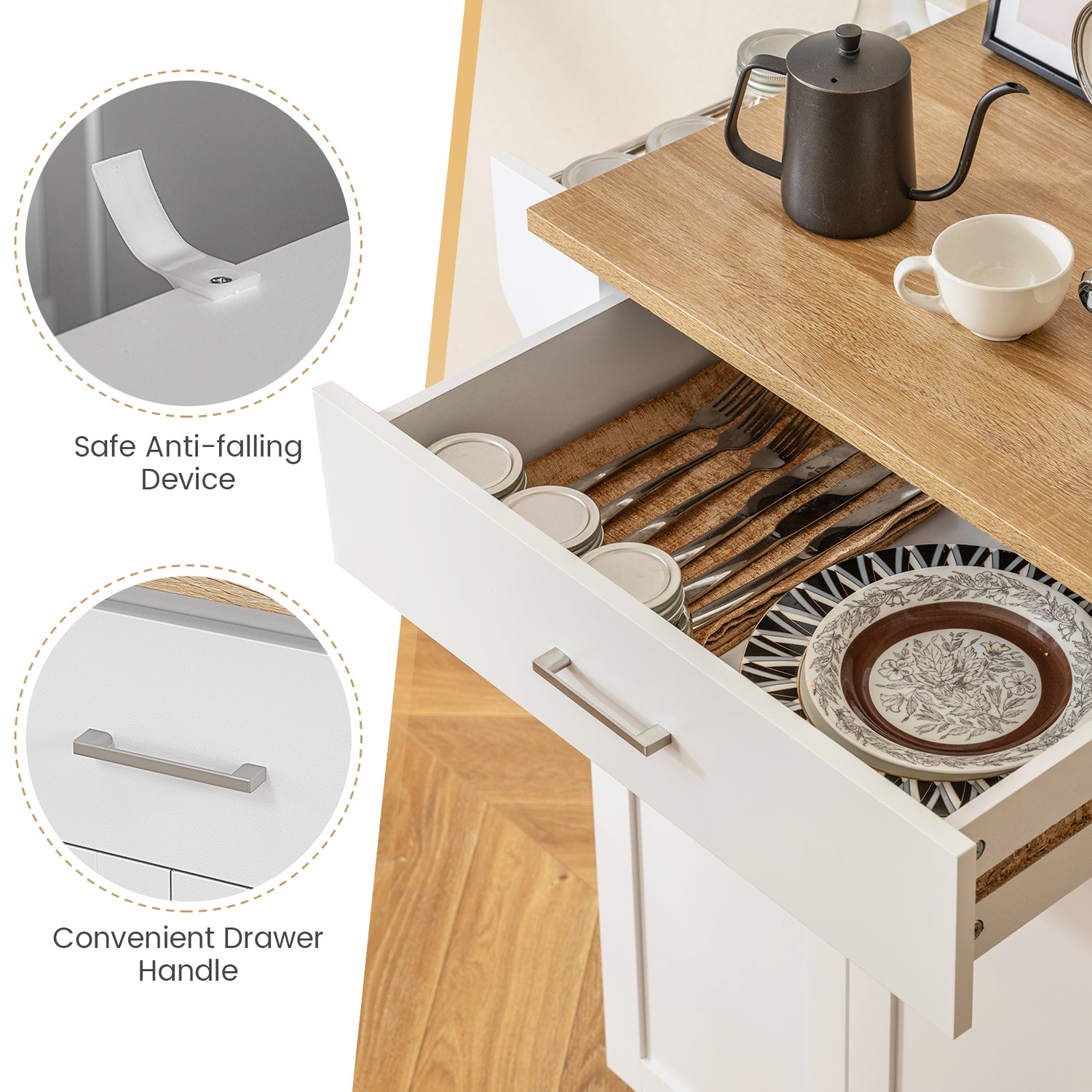 Utility Rolling Storage Cabinet Kitchen Island Cart with Spice Rack-White
