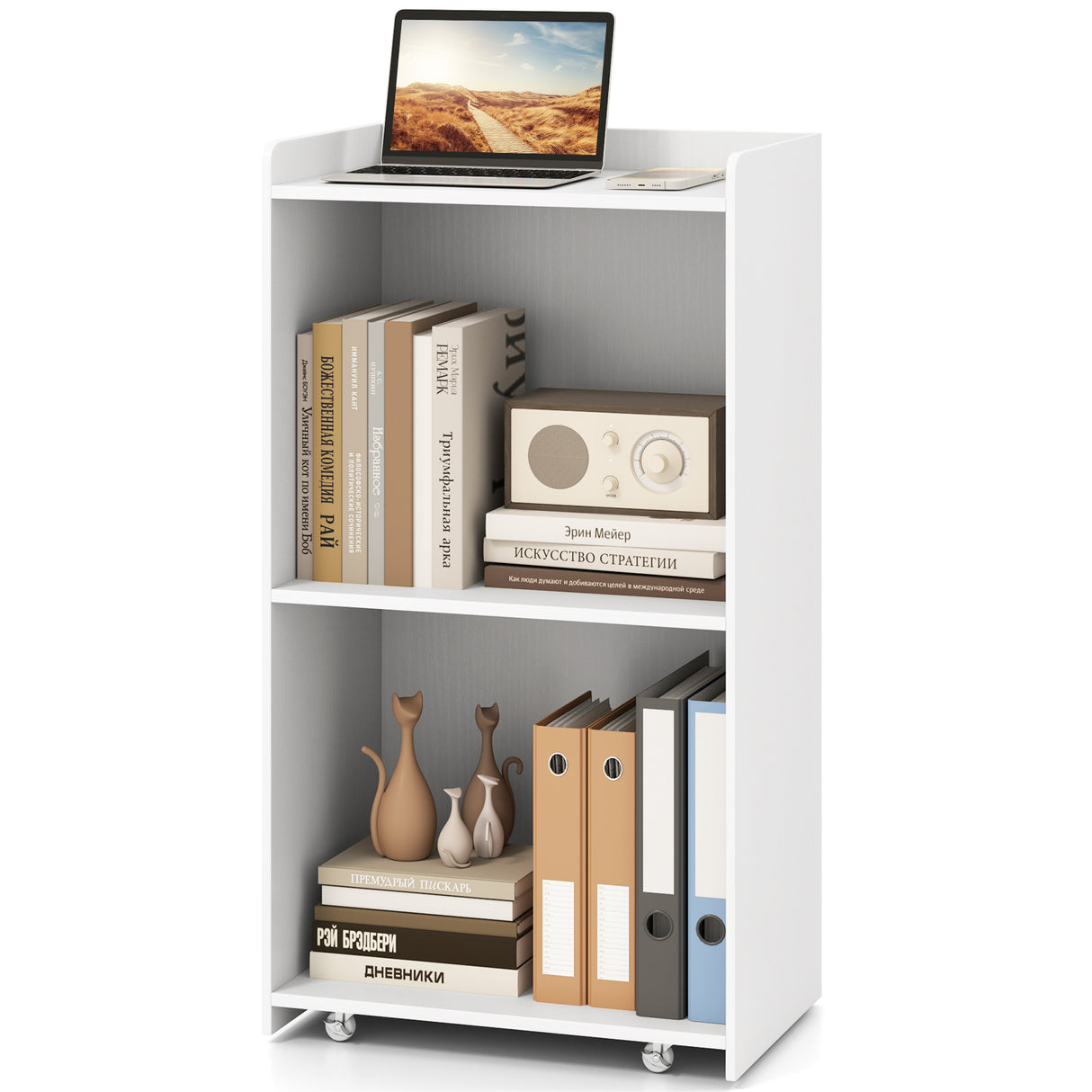 Rolling Podium Stand with 2 Shelves and Lockable Wheels