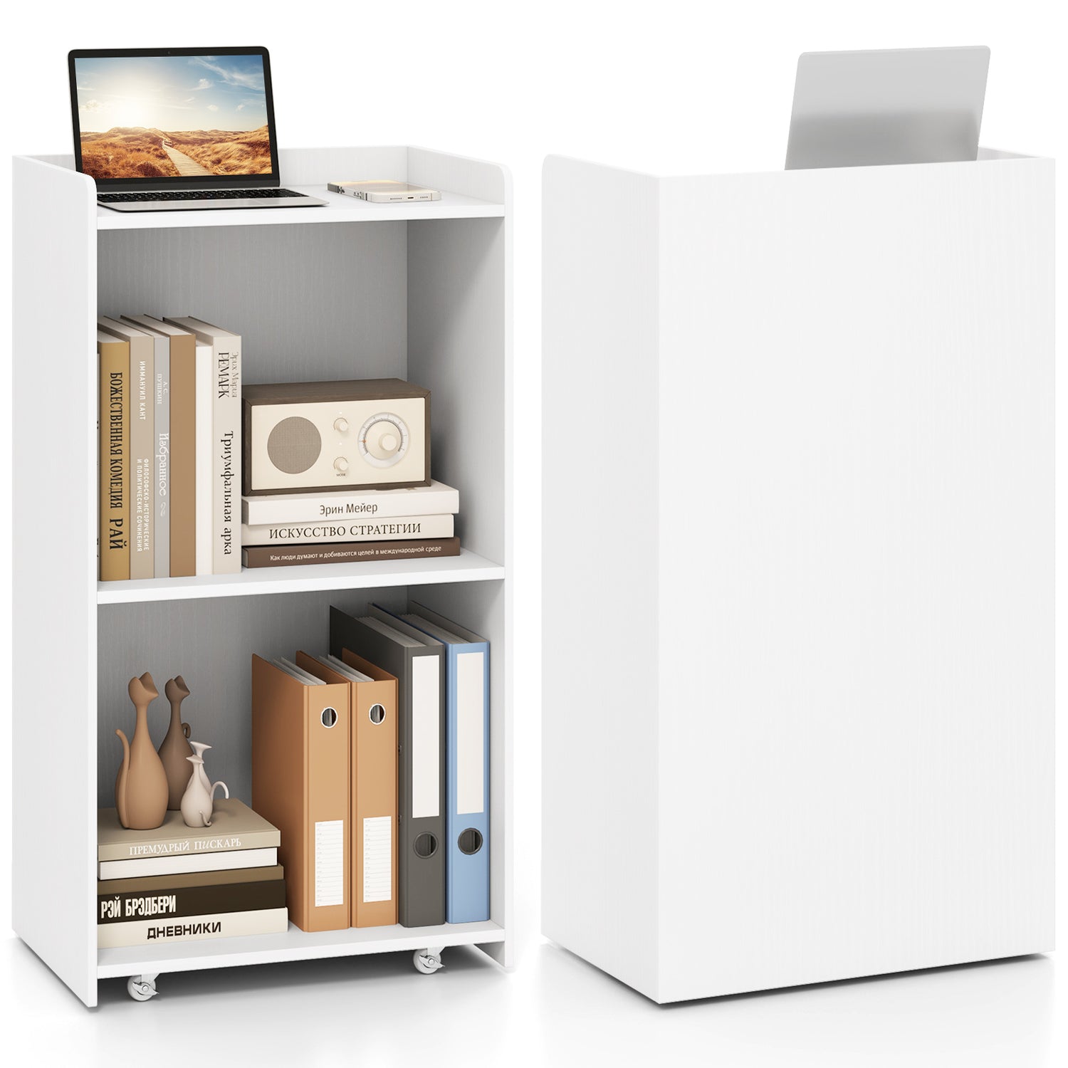 Rolling Podium Stand with 2 Shelves and Lockable Wheels